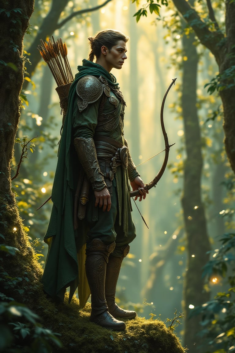 A semi-realistic digital painting of a **wood elf warrior** standing on a moss-covered tree branch,  overlooking the dense...