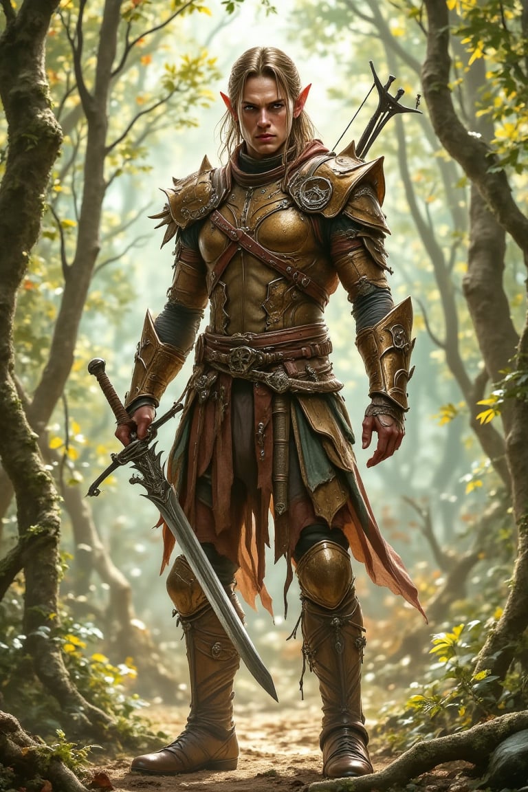 A semi-realistic digital painting of a **wood elf warrior**,  standing confidently in a clearing surrounded by towering tr...