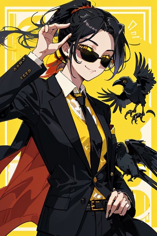 Black hair, low ponytail, sunglasses with yellow lenses, confident smile, crow, suit jacket, straightforwardness