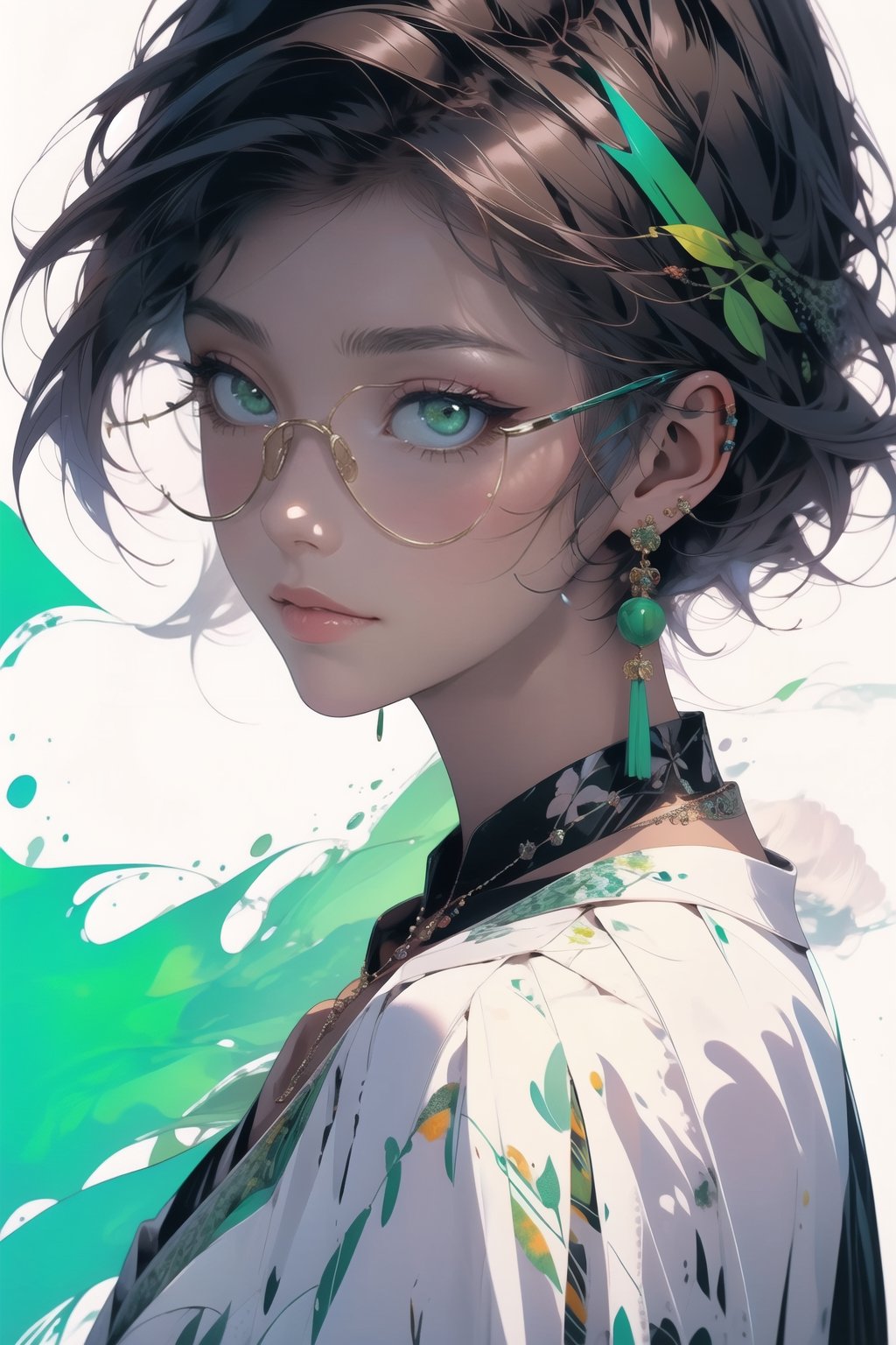 1girl, solo, long hair,oil painting, impasto, looking at viewer, black hair, jewelry, green eyes, short hair,bob cut, earrings, lips, brown skin, necklace, lips,green background,circlet,green glasses,masterpiece,beautyniji,nijistyle,niji