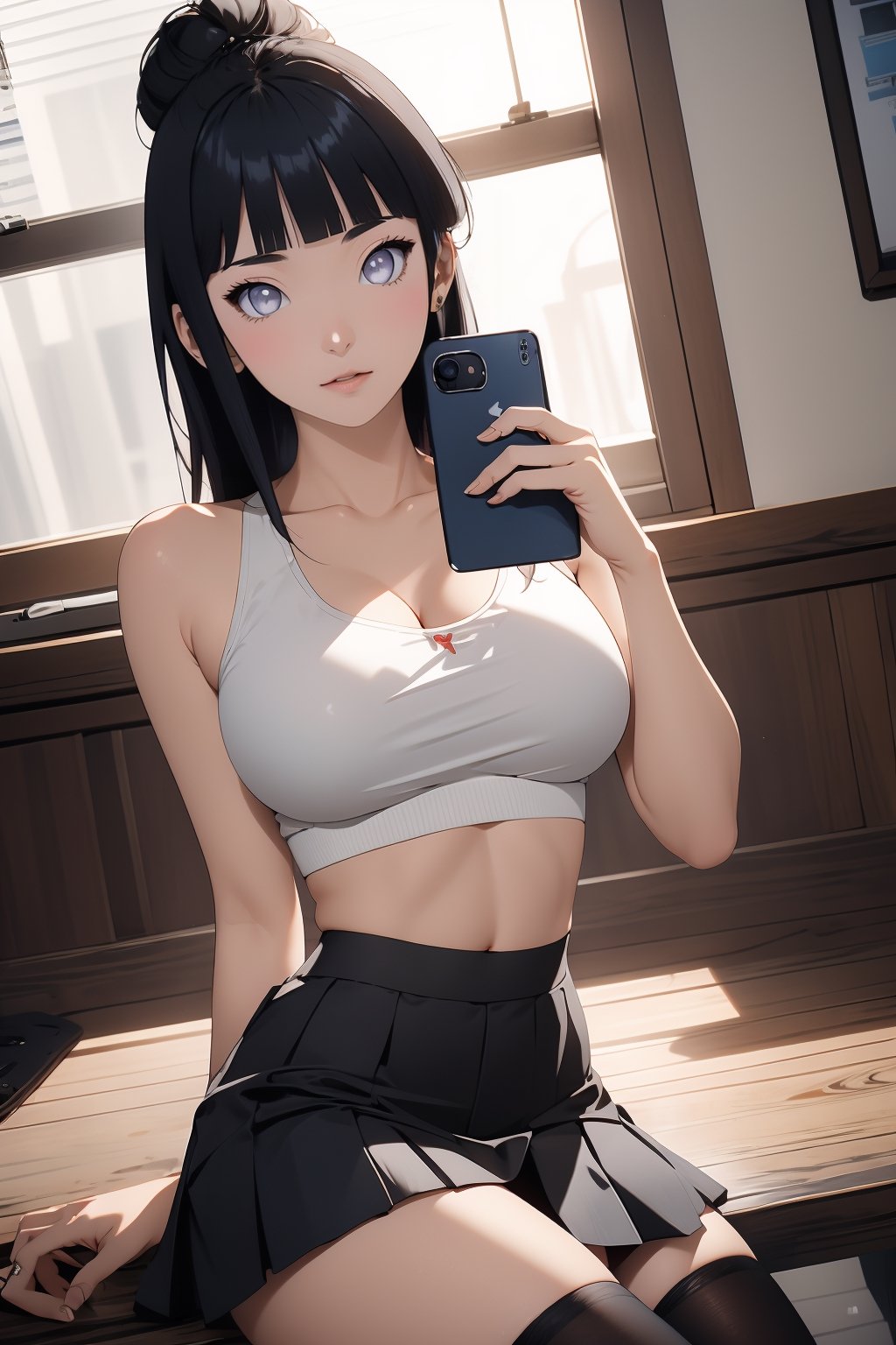 1girl, solo, long hair, breasts, skirt, large breasts, thighhighs, holding, perl eyes, sitting, thighs, black hair, pleated skirt, indoors, white thighhighs, blue skirt, crop top, phone, sexy, crossed legs, cellphone, smartphone, holding phone, sports bra, selfie,portrait,illustration,hinata (shippuden),fcloseup