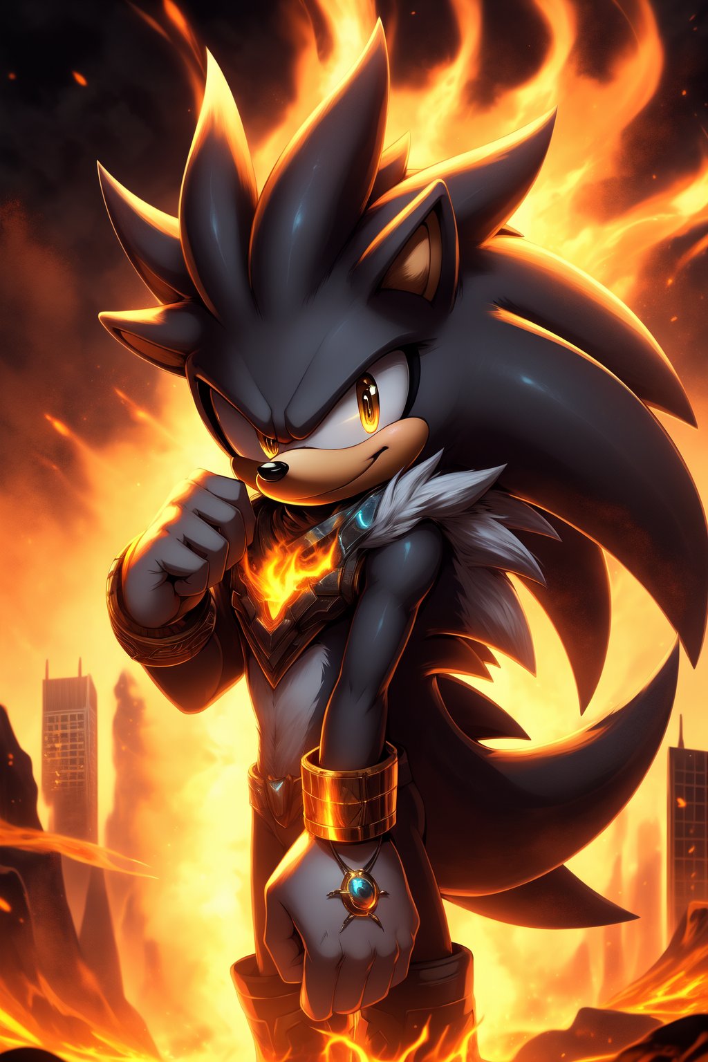 masterpiece, high quality, high resolution, high details, portrait, SilverTheHedgehog, hedgehog, male, furry, grey fur, amber eyes, big barbs, white gloves, black boots, bolden bracelets, aura, looking at viewer, little smile, metropolis, flames, lava,nj5furry,fantasy00d