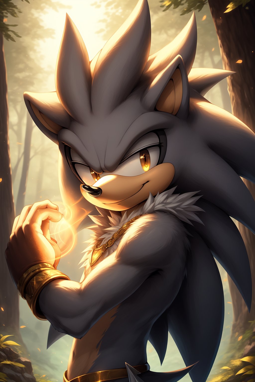 masterpiece, high quality, high resolution, high details, portrait, SilverTheHedgehog, hedgehog, male, furry, grey fur, amber eyes, white gloves, golden bracelets, aura, looking at viewer, little smile, woods,nj5furry,fantasy00d