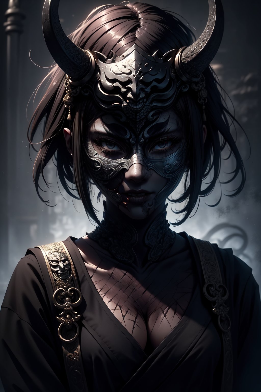 masterpiece, high quality, high resolution, high details, portrait, waist focus, 1 girl, white skin, short hair, brown hair, black eyes, small chest, black top, navel, black skirt, (masked:1.1), oni_mask, (scars:1.2), (complex background:1.2), asian temple, dark art,fantasy00d