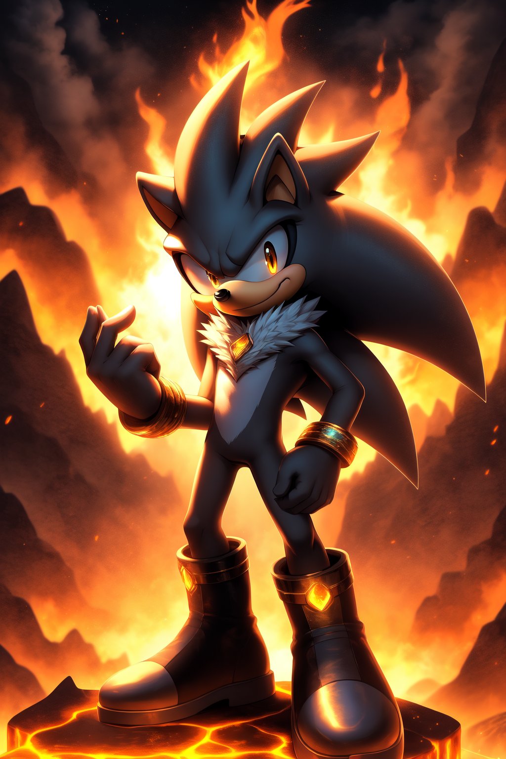 masterpiece, high quality, high resolution, high details, portrait, SilverTheHedgehog, hedgehog, male, furry, grey fur, amber eyes, big barbs, white gloves, black boots, bolden bracelets, aura, looking at viewer, little smile, metropolis, flames, lava,nj5furry,fantasy00d