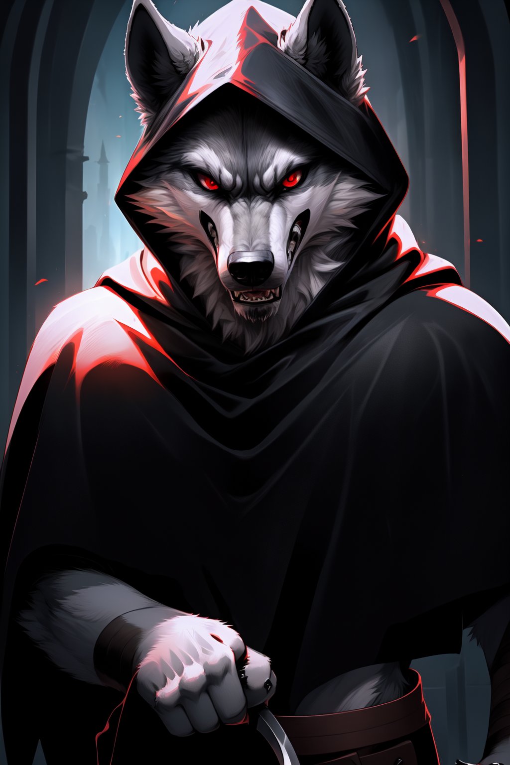 masterpiece, high quality, high resolution, high details, portrait,Death_Wolf, wolf, male, furry, grey fur, red eyes, black cape, hood, looking at viewer, (anger:1.2), creepy,nj5furry,fantasy00d