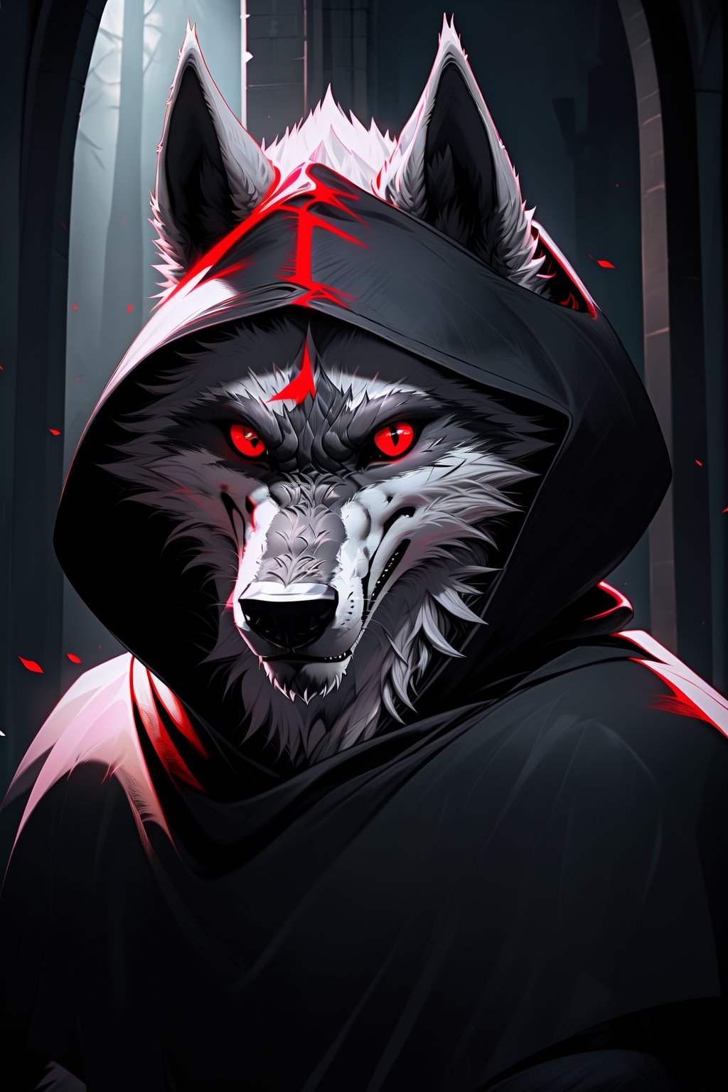 masterpiece, high quality, high resolution, high details,Death_Wolf, wolf, male, furry, grey fur, red eyes, black cape, hood, looking at viewer, creepy,nj5furry,fantasy00d