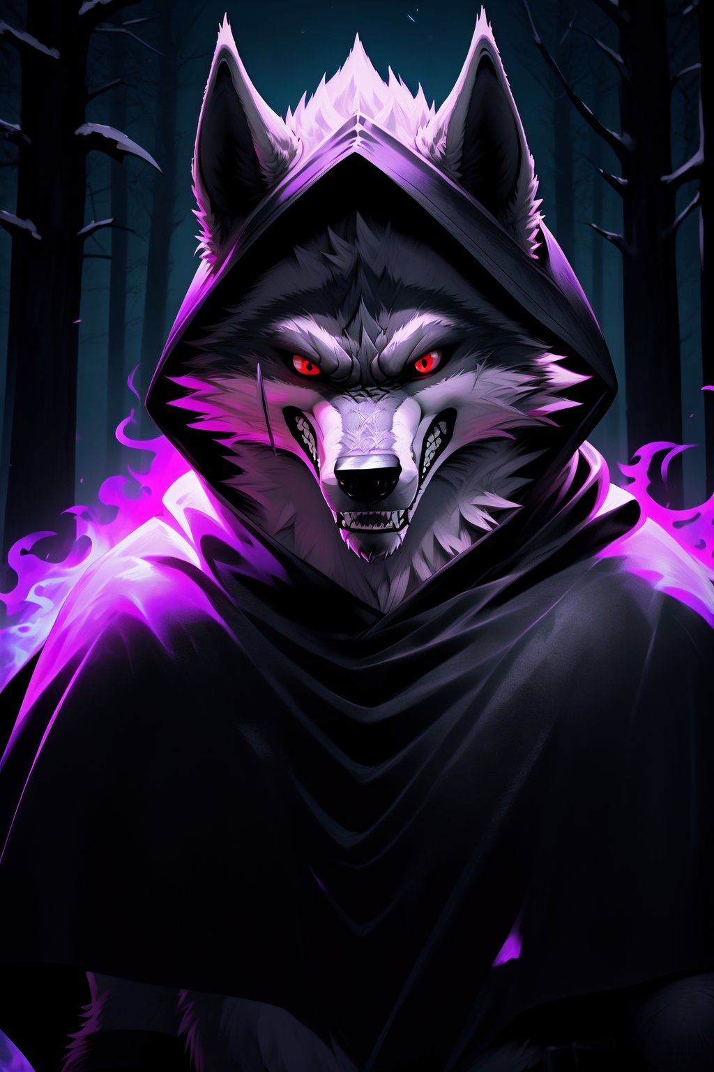 masterpiece, high quality, high resolution, high details, full body,Death_Wolf, wolf, male, furry, grey fur, red eyes, black cape, hood, looking at viewer, (anger:1.2), woods, night, purple flames, creepy,nj5furry,fantasy00d