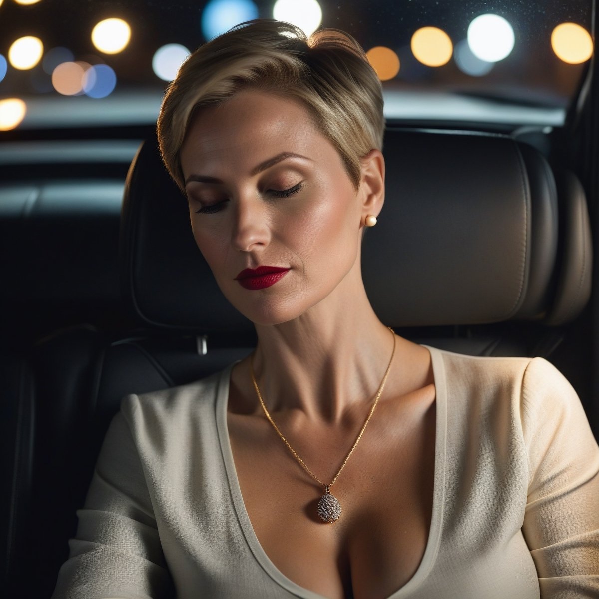 front view portrait of A gorgeous (((44 year-old European lady))) with pale skin,  short pixie haircut,  perfect shape by...