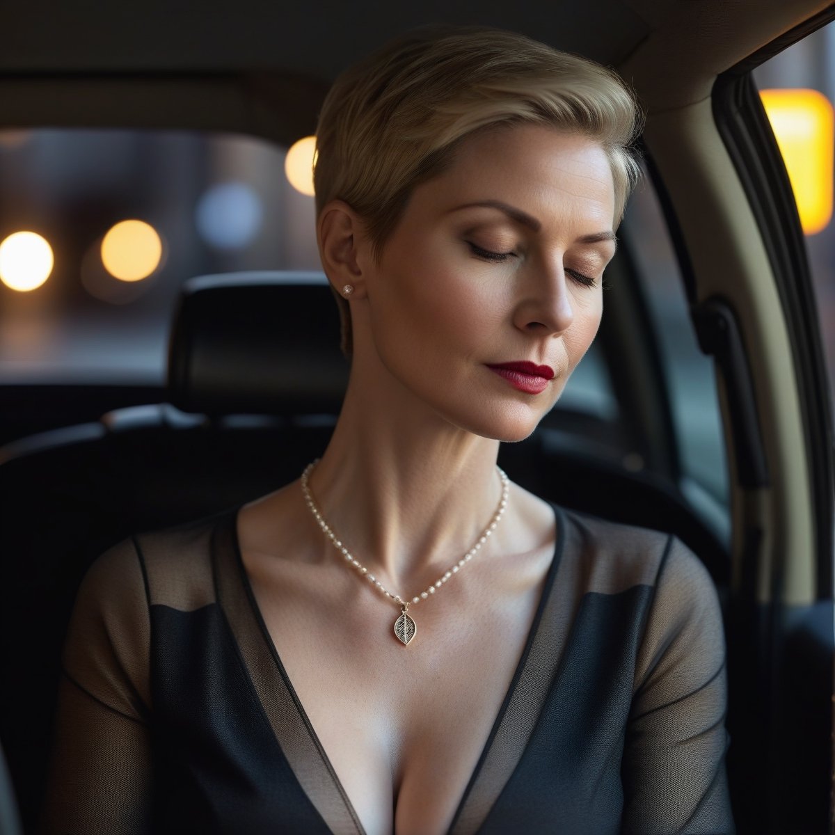front view portrait of A gorgeous (((44 year-old European lady))) with pale skin,  short pixie haircut,  perfect shape by...