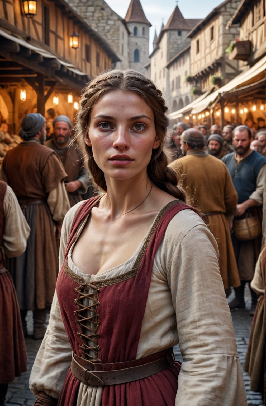 A medieval peasant girl in a crowded medieval marketplace, ultra high quality, real image, realistic, real-life skin, dynamic lighting, cinematic, (hyperrealism:1.2), (8K UHD:1.2), (photorealistic:1.2), shot with Canon EOS 5D Mark IV,FFIXBG,horror