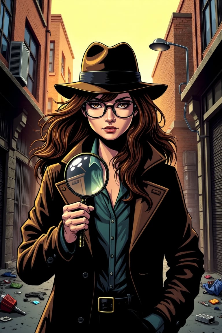 A gritty urban landscape unfolds as our detective stands out against the fading light of dusk, their long brown hair blowing gently in the breeze. A fedora clings to their head, while wire-rimmed glasses perch atop a determined gaze. Hand cradling a magnifying glass, they survey the crime alley's rough-hewn walls and littered streets, their detective instincts on high alert.