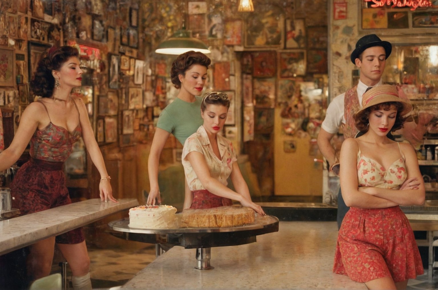 (photograph of a diner scene, bar stools at a counter, women dancing groovy, various dancing poses, eyes closed, entranced by the music. Women wearing various summer outfits including shorts and skirts, visible legs crossed or extended, hairstyles and hats typical of the 1960s, countertop displays a cake stand and other items, floor is terrazzo, LIFE magazine watermark in the bottom right corner, atmosphere is casual and social)
, nipples poking through fabric, nipples very prominent poking through fabric, under soft lighting, 
Extremely Realistic, art by sargent, PORTRAIT PHOTO, 
Aligned eyes,  Iridescent Eyes,  (blush,  eye_wrinkles:0.6),  (goosebumps:0.5),  subsurface scattering,  ((skin pores)),  (detailed skin texture),  (( textured skin)),  realistic dull (skin noise),  visible skin detail,  skin fuzz,  dry skin,  hyperdetailed face,  sharp picture,  sharp detailed,  (((analog grainy photo vintage))),  Rembrandt lighting,  ultra focus,  illuminated face,  detailed face,  8k resolution,,
Extremely Realistic, art by sargent, PORTRAIT PHOTO, 
Aligned eyes,  Iridescent Eyes,  (blush,  eye_wrinkles:0.6),  (goosebumps:0.5),  subsurface scattering,  ((skin pores)),  (detailed skin texture),  (( textured skin)),  realistic dull (skin noise),  visible skin detail,  skin fuzz,  dry skin,  hyperdetailed face,  sharp picture,  sharp detailed,  (((analog grainy photo vintage))),  Rembrandt lighting,  ultra focus,  illuminated face,  detailed face,  8k resolution,






