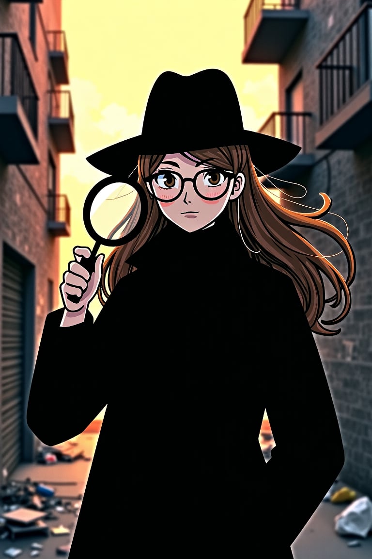 A gritty urban landscape unfolds as our detective stands out against the fading light of dusk, their long brown hair blowing gently in the breeze. A fedora clings to their head, while wire-rimmed glasses perch atop a determined gaze. Hand cradling a magnifying glass, they survey the crime alley's rough-hewn walls and littered streets, their detective instincts on high alert.