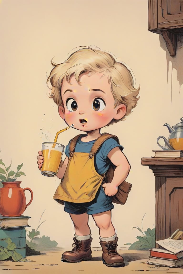 vintage comic book ((illustration)), by ((Milton caniff)),
(Blond-haired child with a round face, drinking from a glass with a yellow beverage through a straw) in a (mid-20th-century cartoon illustration style). The character has (simple, stylized features) with (small dot eyes and a gentle smile). The hair is (brown and blond, represented with simple, playful shapes). The boy appears (joyful and innocent), with a (retro aesthetic reminiscent of 1950s and 1960s children's book illustrations). The background is (minimalistic, focusing on the character) with (flat, solid colors typical of offset printing). The overall mood is (cheerful and nostalgic), capturing the (essence of vintage children's illustrations). rubber_hose_character, children's picture books,, detailed gorgeous face, exquisite detail, ((full body)), 30-megapixel, 4k, Flat vector art, Vector illustration, Illustration, ,,rubber_hose_character,,vintagepaper,,,,,,<lora:659095807385103906:1.0>