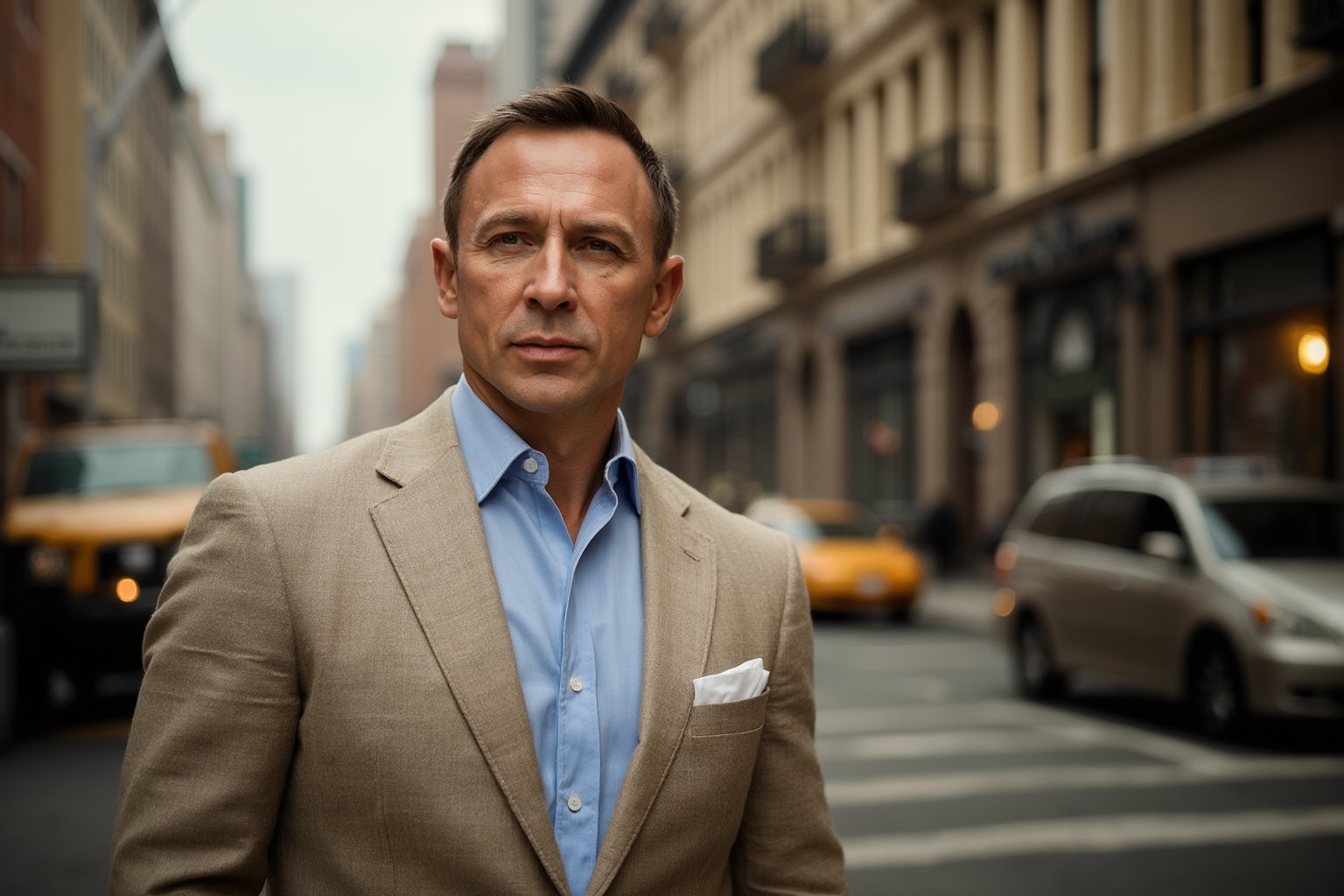 Photography in (steve mccurry style), 
Daniel Craig as James Bond, wearing a sand coloured linen suit, blue shirt, white pocket square, in new york city. 

, emotive humane photography, rich colors, analog film, film grain, kodachrome, intricate details, insanely detailed, natural lighting, 8k, hdr, masterpiece, award winning photography, Fine art photography style, film photography style.
The overall composition has a cinematic, feel, blending the nostalgia of classic paintings with every day life. flfmt
