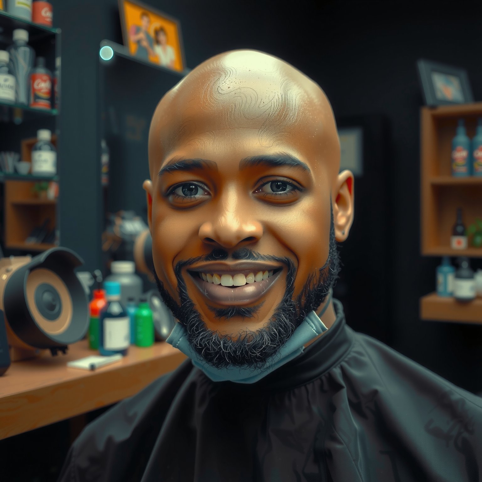 A bald black man with a beard,  smiling at the camera in his hair salon. He is wearing all dark colored ,  shot on a Canon...