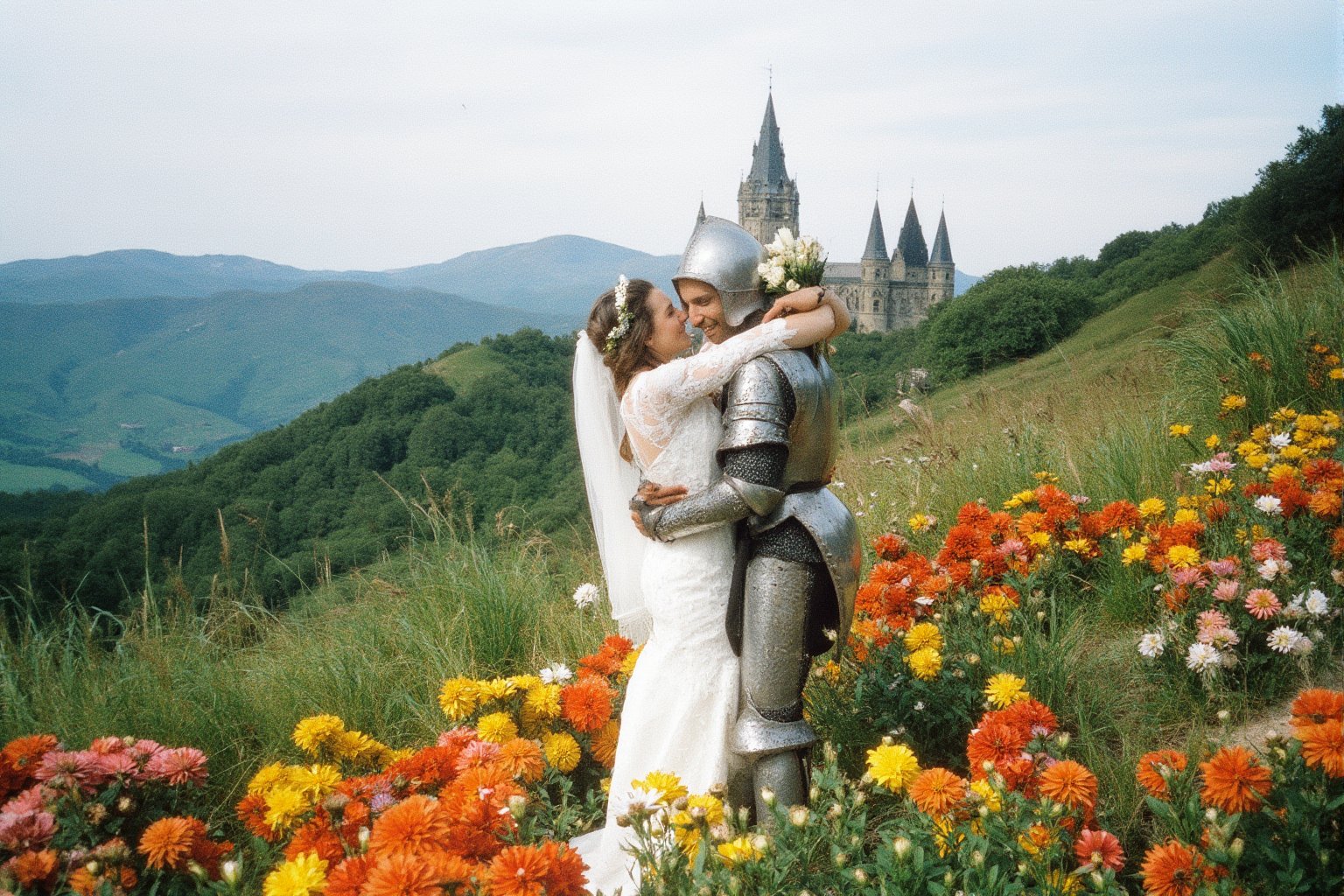 The image depicts a romantic and idyllic scene reminiscent of a fairy tale. A knight in shining armor is embracing and lifting a woman in a white bridal gown. The woman, smiling with joy, wraps her arms around the knight's neck, holding a bouquet of flowers in one hand. Her expression is filled with happiness, and she has long brown hair adorned with white floral accessories.

The setting is outdoors in a lush, colorful garden full of blooming flowers. In the background, a tall castle stands on a hill, adding to the medieval, storybook atmosphere. The surrounding landscape consists of rolling hills and distant valleys, creating a peaceful and dreamy mood.

The overall tone of the image is celebratory, romantic, and timeless, evoking feelings of love and fantasy.

, emotive humane photography, rich colors, analog film, film grain, kodachrome, intricate details, insanely detailed, natural lighting, 8k, hdr, masterpiece, award winning photography, Fine art photography style, film photography style.
The overall composition has a cinematic, feel, blending the nostalgia of classic paintings with every day life. flfmt,flmft style,flmft