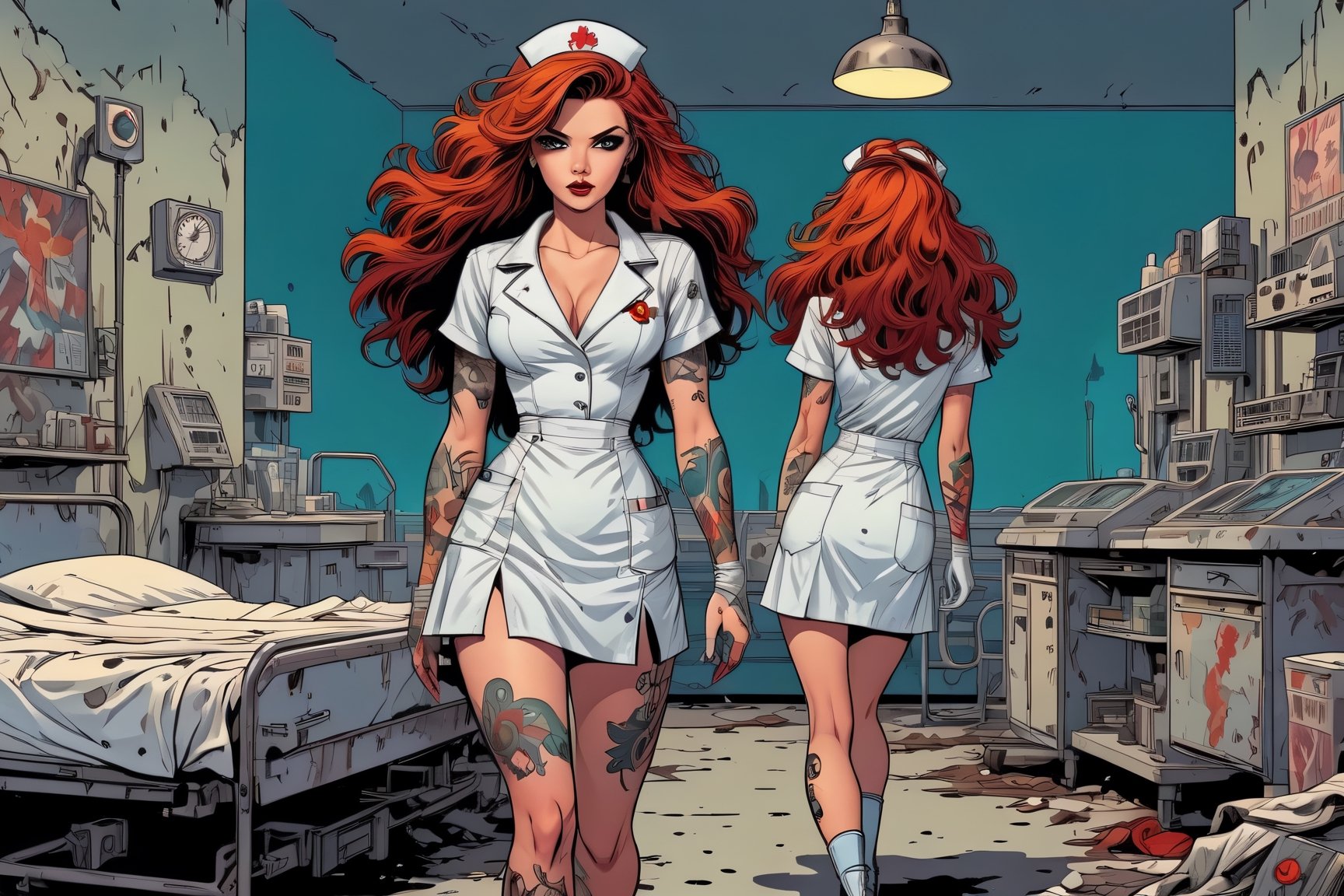 vintage comic book illustration of a jures at a dystopian hospital,  wearing a white nurse dress,  (miniskirt) by justme o...