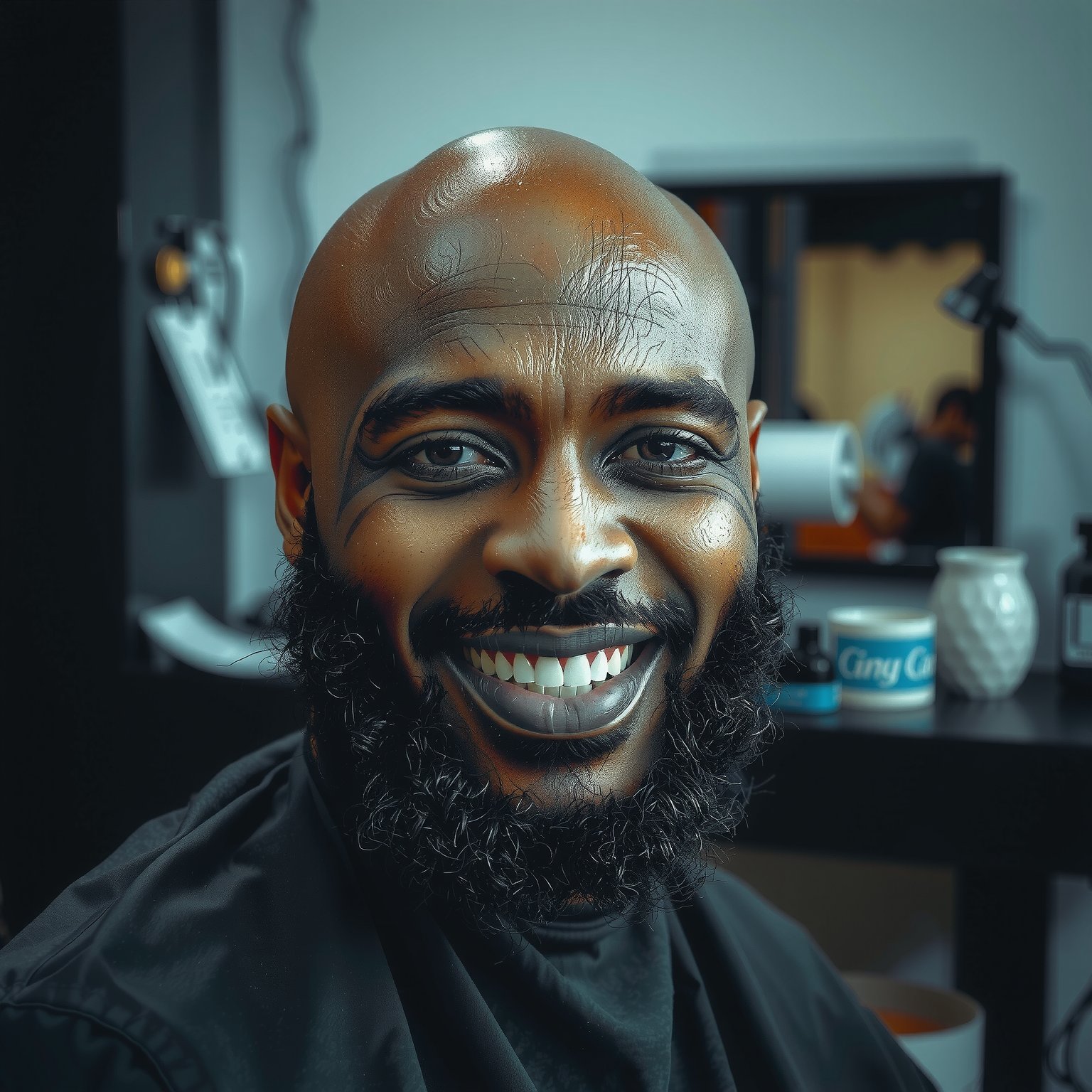 A bald black man with a beard,  smiling at the camera in his hair salon. He is wearing all dark colored ,  shot on a Canon...