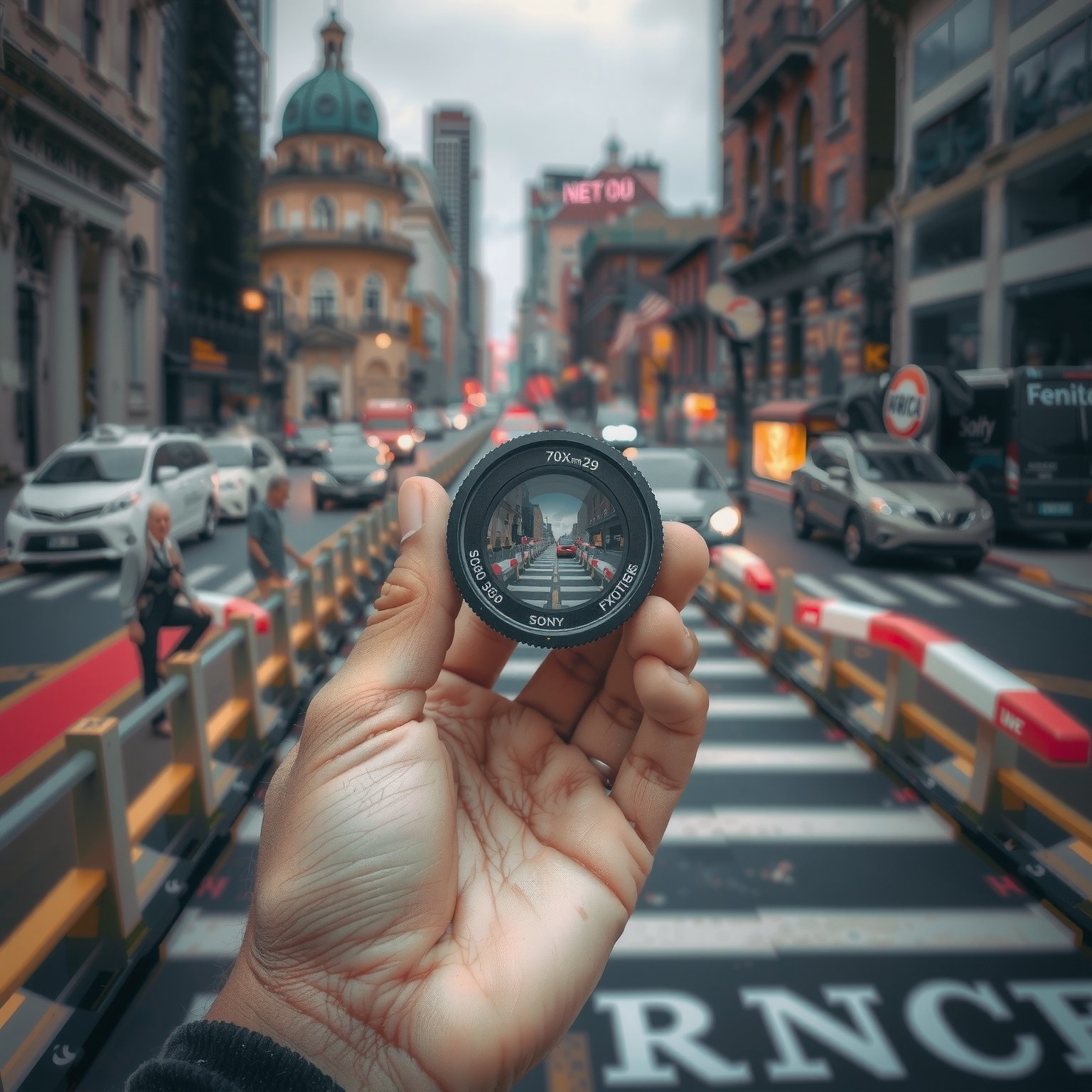 hand held up to camera,  blurred city scape in background Sony FX9,  50mm by justme on Tensor.Art