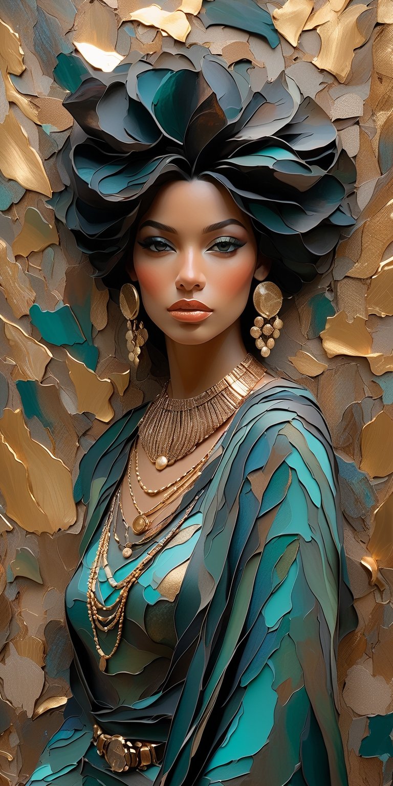 a closeup portrait of a woman adorned in gossamer fabrics and gold jewelry,  captured in the textured abstract expressioni...