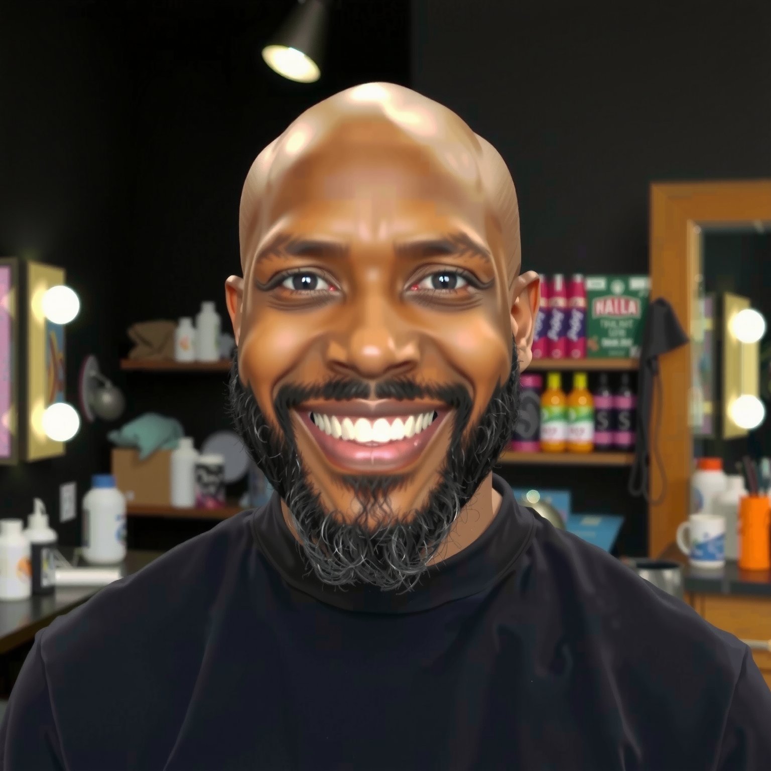 A bald black man with a beard,  smiling at the camera in his hair salon. He is wearing all dark colored ,  shot on a Canon...