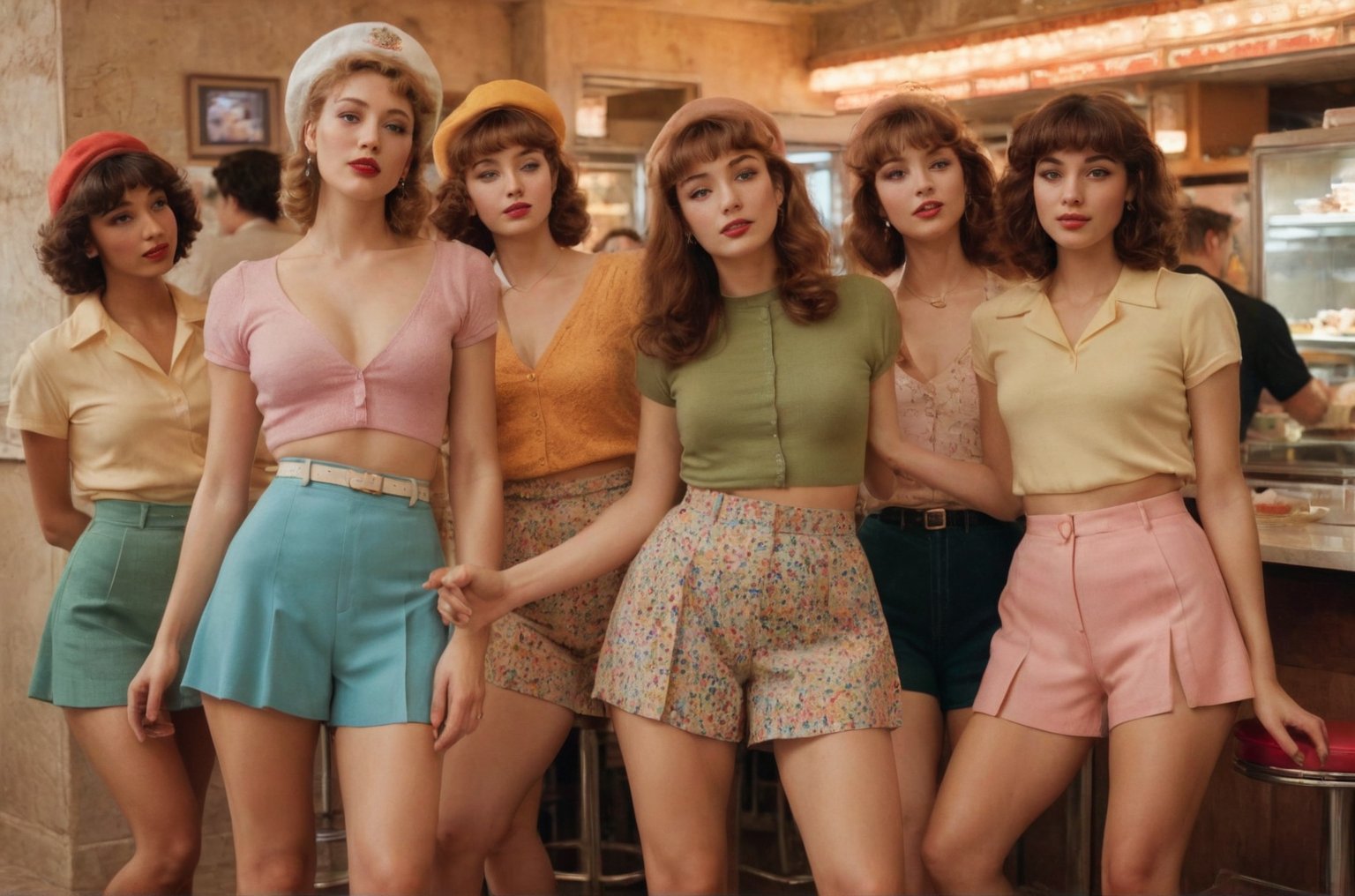 (photograph of a diner scene, bar stools at a counter, women dancing groovy, various dancing poses, eyes closed, entranced by the music. Women wearing various summer outfits including shorts and skirts, visible legs crossed or extended, hairstyles and hats typical of the 1980s, countertop displays a cake stand and other items, floor is terrazzo, LIFE magazine watermark in the bottom right corner, atmosphere is casual and social)
, nipples poking through fabric, nipples very prominent poking through fabric, under soft lighting, 
Extremely Realistic, art by sargent, PORTRAIT PHOTO, 
Aligned eyes,  Iridescent Eyes,  (blush,  eye_wrinkles:0.6),  (goosebumps:0.5),  subsurface scattering,  ((skin pores)),  (detailed skin texture),  (( textured skin)),  realistic dull (skin noise),  visible skin detail,  skin fuzz,  dry skin,  hyperdetailed face,  sharp picture,  sharp detailed,  (((analog grainy photo vintage))),  Rembrandt lighting,  ultra focus,  illuminated face,  detailed face,  8k resolution,,
Extremely Realistic, art by sargent, PORTRAIT PHOTO, 
Aligned eyes,  Iridescent Eyes,  (blush,  eye_wrinkles:0.6),  (goosebumps:0.5),  subsurface scattering,  ((skin pores)),  (detailed skin texture),  (( textured skin)),  realistic dull (skin noise),  visible skin detail,  skin fuzz,  dry skin,  hyperdetailed face,  sharp picture,  sharp detailed,  (((analog grainy photo vintage))),  Rembrandt lighting,  ultra focus,  illuminated face,  detailed face,  8k resolution,






