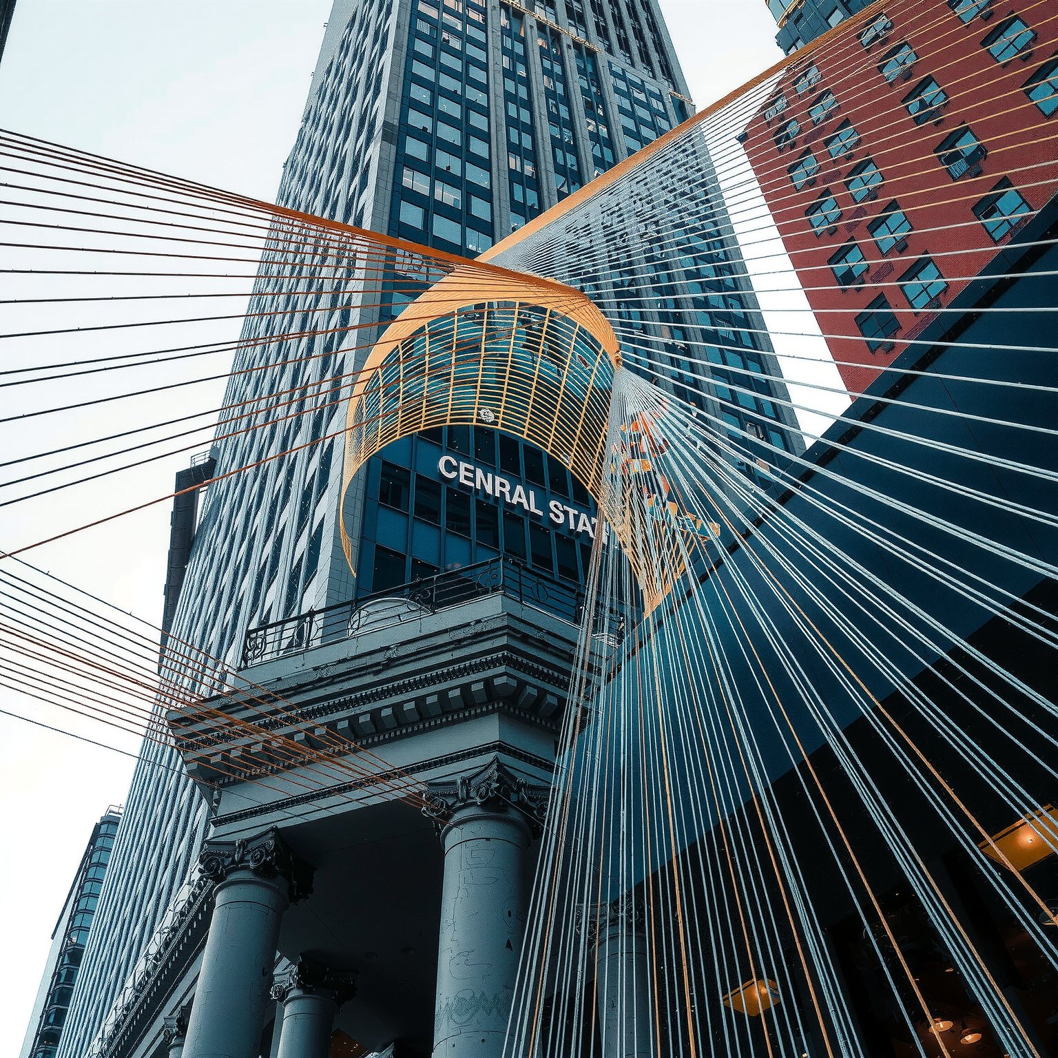 grand central station made out of thin wire ,  very thin strings ,  low pov from park avenue with pam am building by justm...