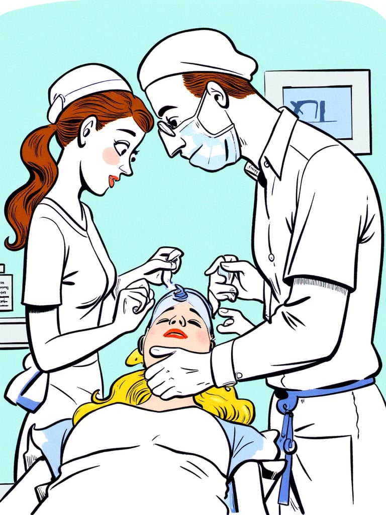 (((colorful editorial illustrations))). A cartoon illustration where a surgeon is operating on a woman. Operation room env...