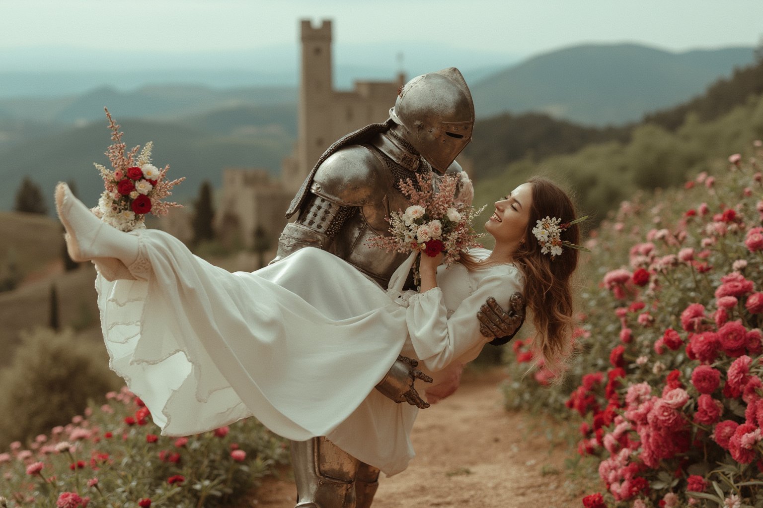 The image depicts a romantic and idyllic scene reminiscent of a fairy tale. A knight in shining armor is embracing and lifting a woman in a white bridal gown. The woman, smiling with joy, wraps her arms around the knight's neck, holding a bouquet of flowers in one hand. Her expression is filled with happiness, and she has long brown hair adorned with white floral accessories.

The setting is outdoors in a lush, colorful garden full of blooming flowers. In the background, a tall castle stands on a hill, adding to the medieval, storybook atmosphere. The surrounding landscape consists of rolling hills and distant valleys, creating a peaceful and dreamy mood.

The overall tone of the image is celebratory, romantic, and timeless, evoking feelings of love and fantasy.

, emotive humane photography, rich colors, analog film, film grain, kodachrome, intricate details, insanely detailed, natural lighting, 8k, hdr, masterpiece, award winning photography, Fine art photography style, film photography style.
The overall composition has a cinematic, feel, blending the nostalgia of classic paintings with every day life. flfmt
