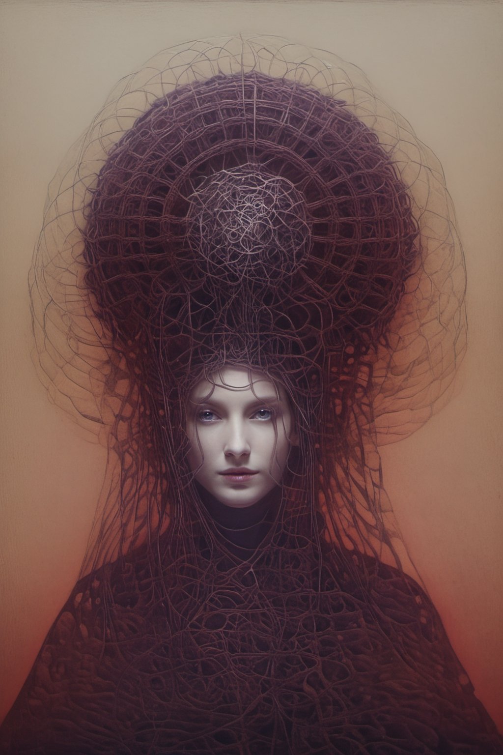 A The final scene presents a head encased in a spherical structure bristling with mechanical details. Wires or tubes extend from the head to the surrounding space, which resembles the interior of a grand yet desolate architectural space, possibly an abandoned futuristic temple or assembly. The image is a paradoxical mix of high couture in serene grace and dystopian complexity, inspired by Escher's paradoxical art and Gric's hyperrealistic style (gric style:1.15). The attire, flowing with Escher-inspired fabrics, shifts between soothing azure and ominous dark purples, accented with deep tones of red. This scene unfolds in a mystical garden that merges enchanting twilight hues with an eerie, moonlit forest ambiance. The model, positioned at the heart of this juxtaposition, wears an outfit that captures the ethereal beauty of serene dreams while echoing the sinuous lines of a nightmarish landscape. The surrounding foliage is lush yet ghostly, alive with a mix of tranquil and unsettling energies. The lighting, a blend of soft, ambient twilight and subtle, uncanny glows, casts the face in a light that is both tranquil and haunting. The expression captures a profound contemplation, an otherworldly elegance touched by a sense of dark, macabre beauty. This portrait, embodying both peaceful serenity and dark allure, plays with perspective and fluidity, contrasting the structured complexity of fashion with the effortless, albeit eerie, grace of nature. The color palette, rich in dark purples and varying shades of red, adds depth and intensity to this hyperrealistic
PORTRAIT PHOTO,stalker, very specific pose ,Gric, Aligned eyes,  Iridescent Eyes,  (blush,  eye_wrinkles:0.6),  (((textured skin))), (goosebumps:0.5),  subsurface scattering,  ((skin pores)),  (detailed skin texture),  (( textured skin)),  realistic dull (skin noise),  visible skin detail,  skin fuzz,  dry skin,  hyperdetailed face,  sharp picture,  sharp detailed,  (((analog grainy photo vintage))),  Rembrandt lighting,  ultra focus,  illuminated face,  detailed face,  8k resolution,