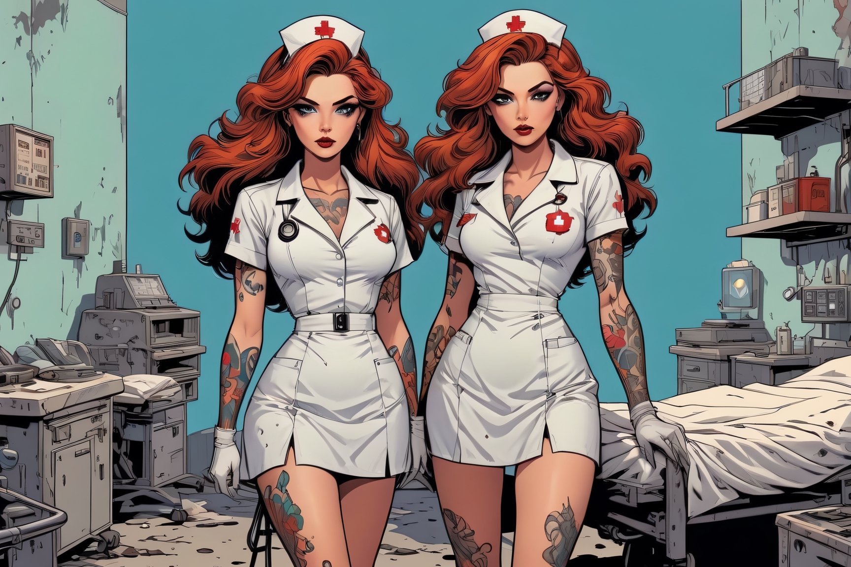 vintage comic book illustration of a jures at a dystopian hospital,  wearing a white nurse dress,  (miniskirt) by justme o...
