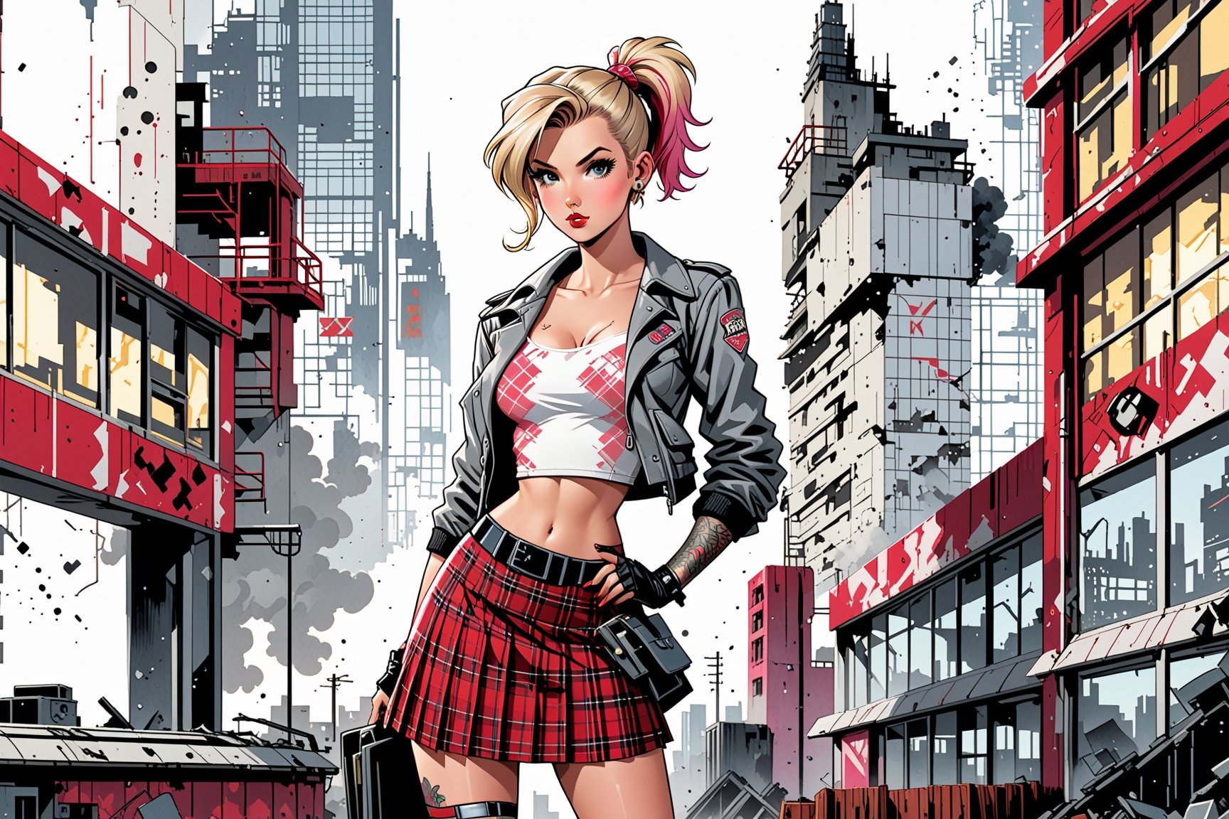 vintage comic book illustration of a schoolgirl at a dystopian school,  ((only one girl)),  (wearing white bra) by justme...