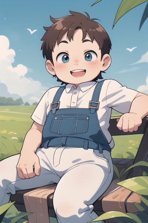 a little boy, light brunette, cheeks pink and chubby, only 4 teeth in the jaw, smiling brightly, wearing white shirt and blue pants, sitting in a field,