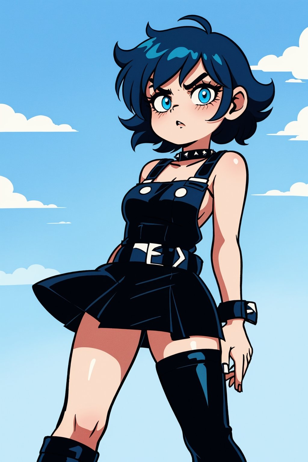 Ramona Flowers is physically represented as a young and attractive-looking woman. She has short blue hair, which varies in shade throughout the series, and usually wears different striking hairstyles. Her skin is light and she usually has subtle and striking makeup at the same time. As for her clothing, Ramona dresses eccentrically and colorfully, with a mix of punk, gothic, vintage and retro clothing. She usually wears tights, short skirts, high boots, and flashy accessories like studded belts and sunglasses. Overall, her appearance is unique and full of personality, reflecting her bold and rebellious attitude.