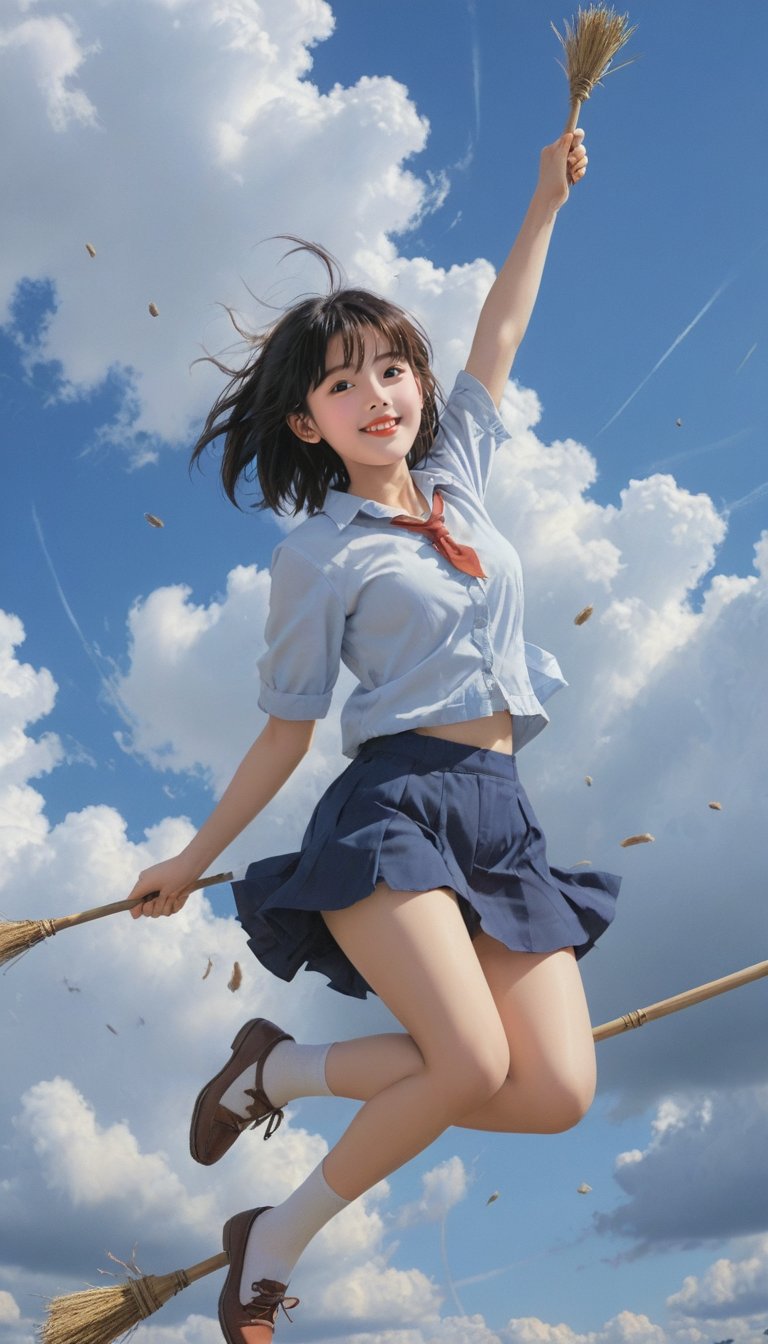 a girl flying through the air on top of a broom, an anime drawing, by Makoto Shinkai, shin hanga, grinning lasciviously, a hyperrealistic schoolgirl, girl with black hair, artgerm colorful!!!