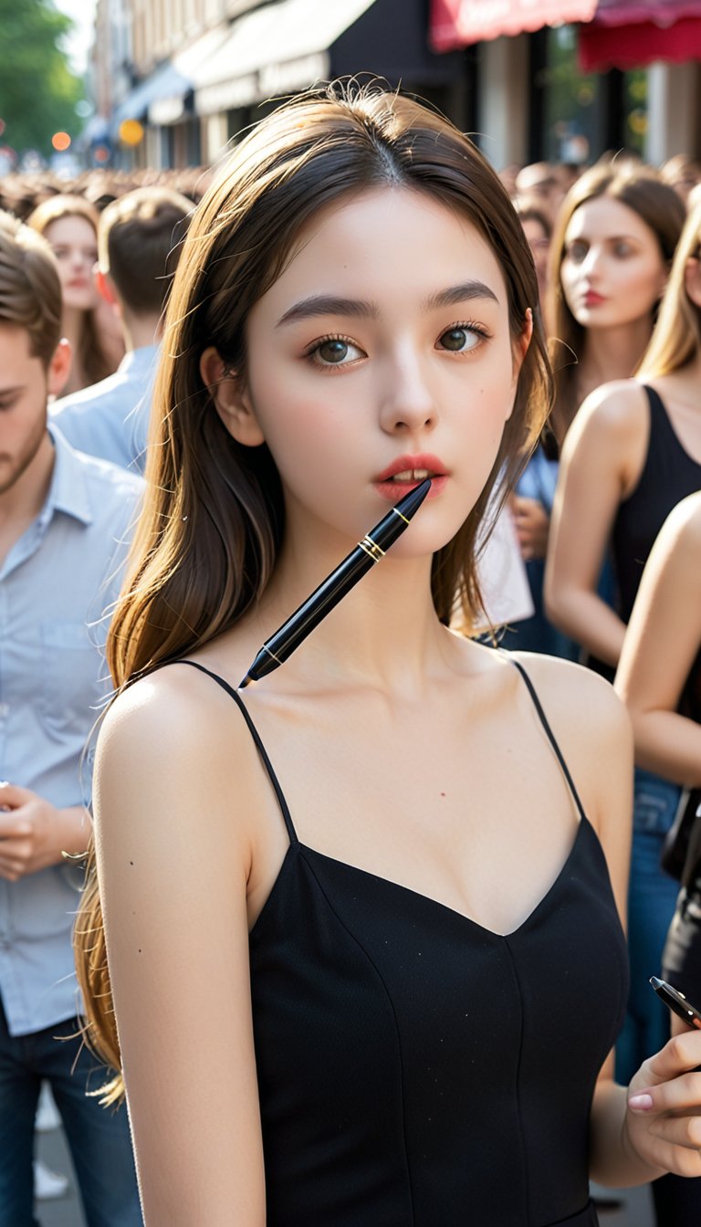 score_9, score_8_up, score_7_up, score_6_up, 
BREAK , 
source_real, raw, photo, realistic,  
BREAK, 
a young woman with long, dark hair and a fair complexion. She is wearing a black top with a low neckline. Her lips are slightly parted, and she is holding a black pen with her mouth while using another pen to write or draw on a surface that is out of the frame. In the background, there are people holding up phones, seemingly taking pictures or recording videos of her. The atmosphere suggests a public event or a fan meeting.