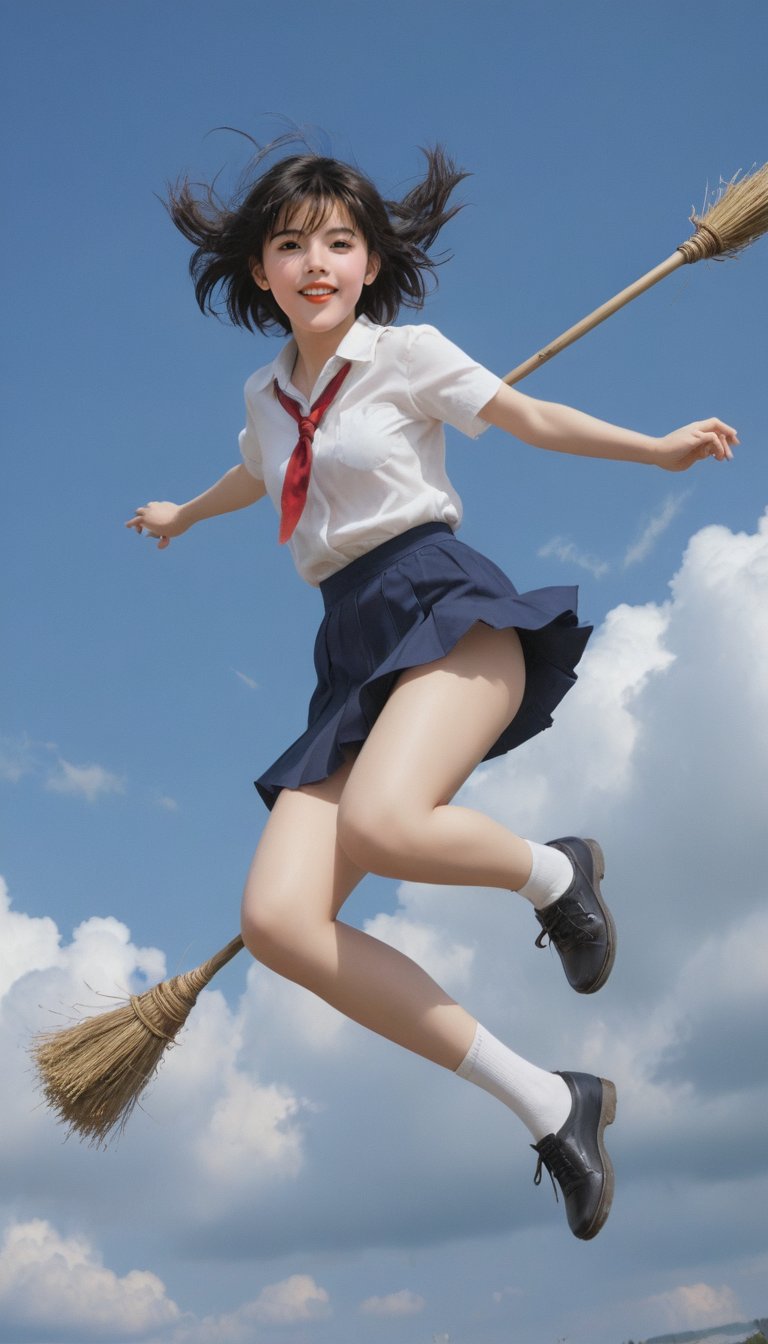 score_9, score_8_up, score_7_up, score_6_up, 
BREAK , 
source_real, raw, photo, realistic,  
BREAK, 
a girl flying through the air on top of a broom, an anime drawing, by Makoto Shinkai, shin hanga, grinning lasciviously, a hyperrealistic schoolgirl, girl with black hair, artgerm colorful!!!