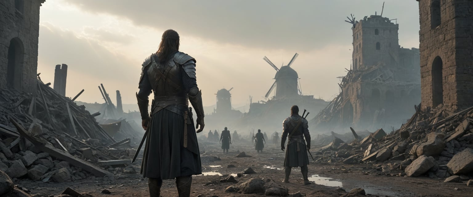 In the foreground, two figures stand amidst the remnants of a once-bustling place, now reduced to silence and ruin. The individual on the left, clad in what appears to be battle-worn armor, crouches with a hand gently pressed against a crumbling wall, as if to feel the echoes of the past. Their posture is one of reflection, perhaps mourning the loss that surrounds them.

The second figure stands erect, gazing into the distance with a look of determination. The stance is resolute, suggesting a readiness to face whatever challenges lie ahead. Both figures are adorned in attire that speaks of ancient wars or fantasy tales, hinting at a narrative steeped in heroism and tragedy.

Behind them, structures rise that resemble windmills, their blades motionless and silhouetted against a sky shrouded in the dust of destruction. The atmosphere is heavy with the haze of conflict, the air itself holding the breath of history. This scene, set in a desolate, war-torn environment, evokes a story of resilience and the indomitable spirit of those who stand even when the world falls around them.

The image seems to draw inspiration from historical or fantasy contexts, perhaps from a film or a piece of speculative fiction, where the themes of war, honor, and the human condition are explored against a backdrop of visual grandeur and emotional depth. It’s a tableau that invites the viewer to ponder the stories of these characters and the world they inhabit.