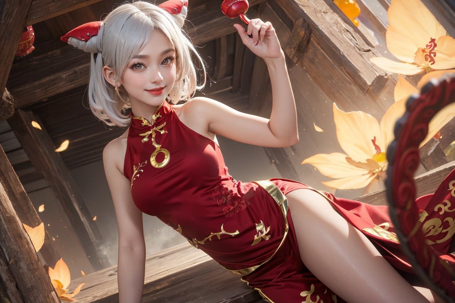 ,  8k, ((medium breasts)), 1girl, solo, looking at viewer, smile, brown eyes, white hair, horns, 8k,(( red cheongsam)), red cheongsam, (masterpiece,best quality:1.5), (masterpiece,best quality:1.5), red cheongsam, yellow apricot flowers, lunar newyear, 