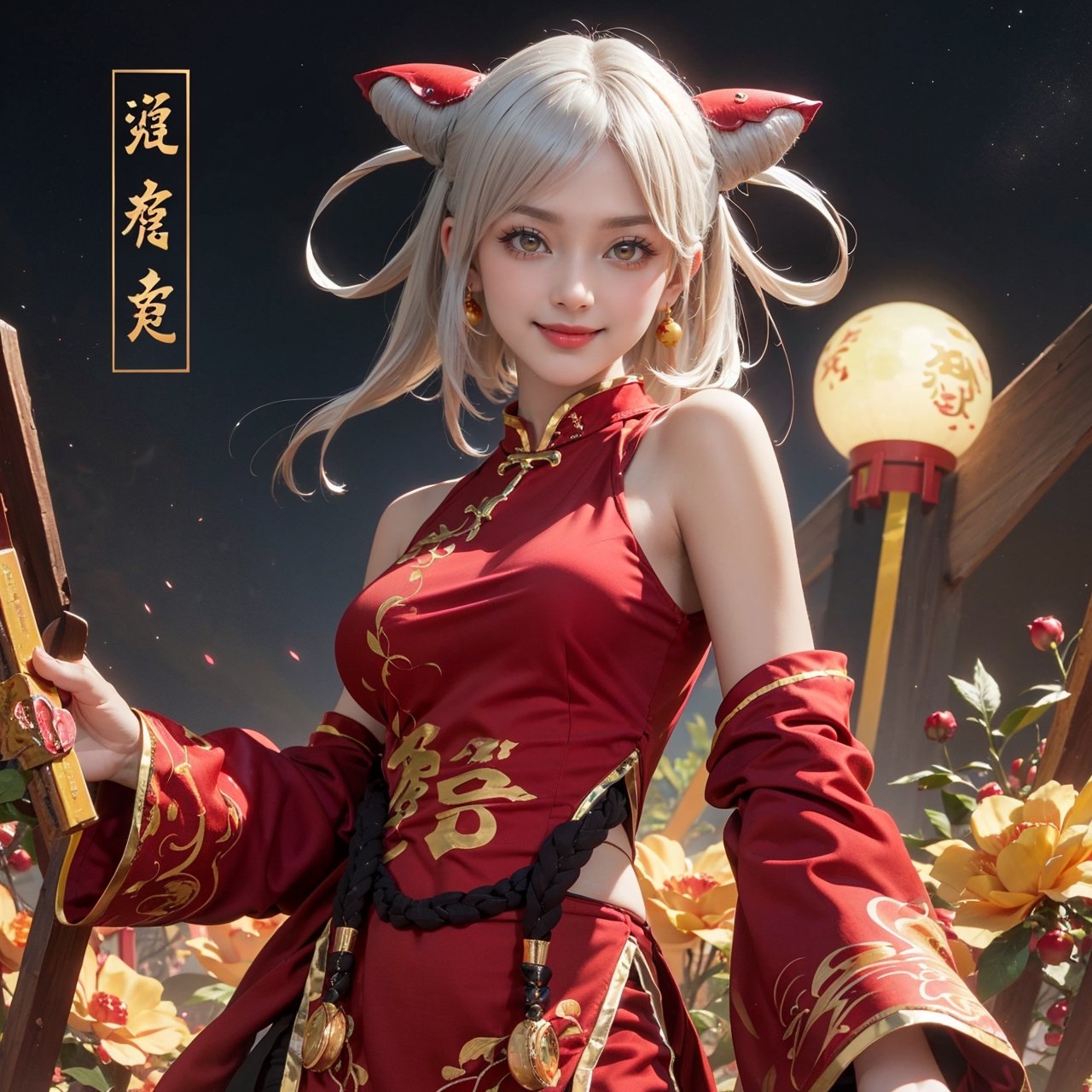 ,  8k, ((medium breasts)), 1girl, solo, looking at viewer, smile, brown eyes, white hair, horns, 8k,(( red cheongsam)), red cheongsam, (masterpiece,best quality:1.5), (masterpiece,best quality:1.5), red cheongsam, yellow apricot flowers, lunar newyear, 