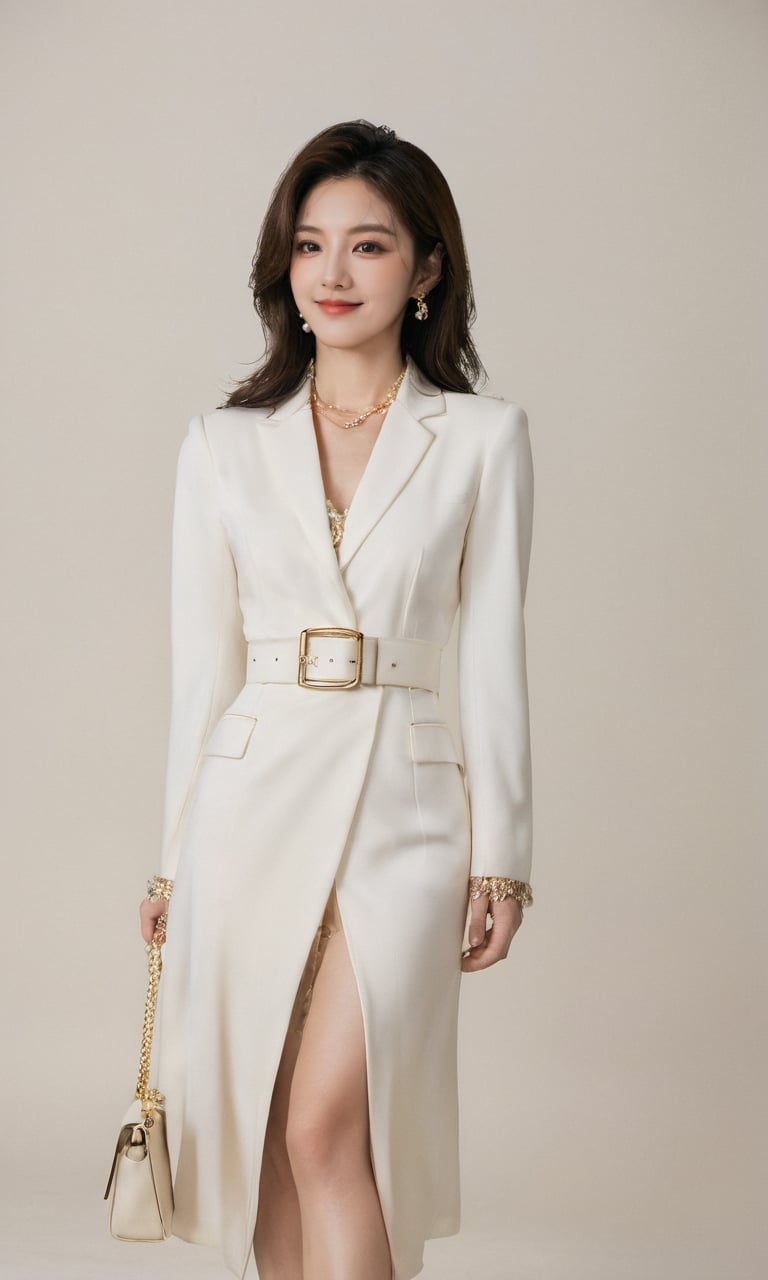 Pure White E-commerce Studio,xxmixgirl, a mysterious woman,smiling,without shadow,her upper body above the knees the focal point,She exudes confidence in a luxury outfit