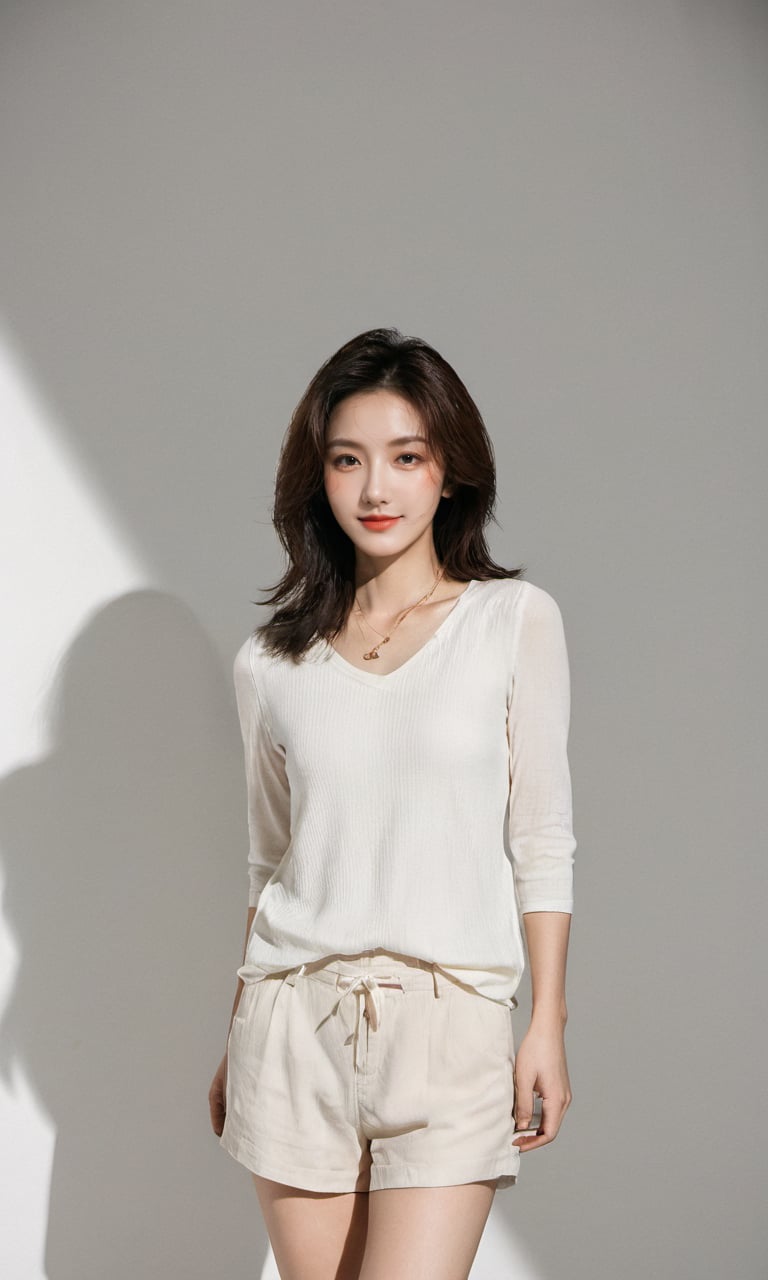 Pure White E-commerce Studio,xxmixgirl, a mysterious woman,smiling,without shadow,her upper body above the knees the focal point,She exudes confidence in a street-casual outfit