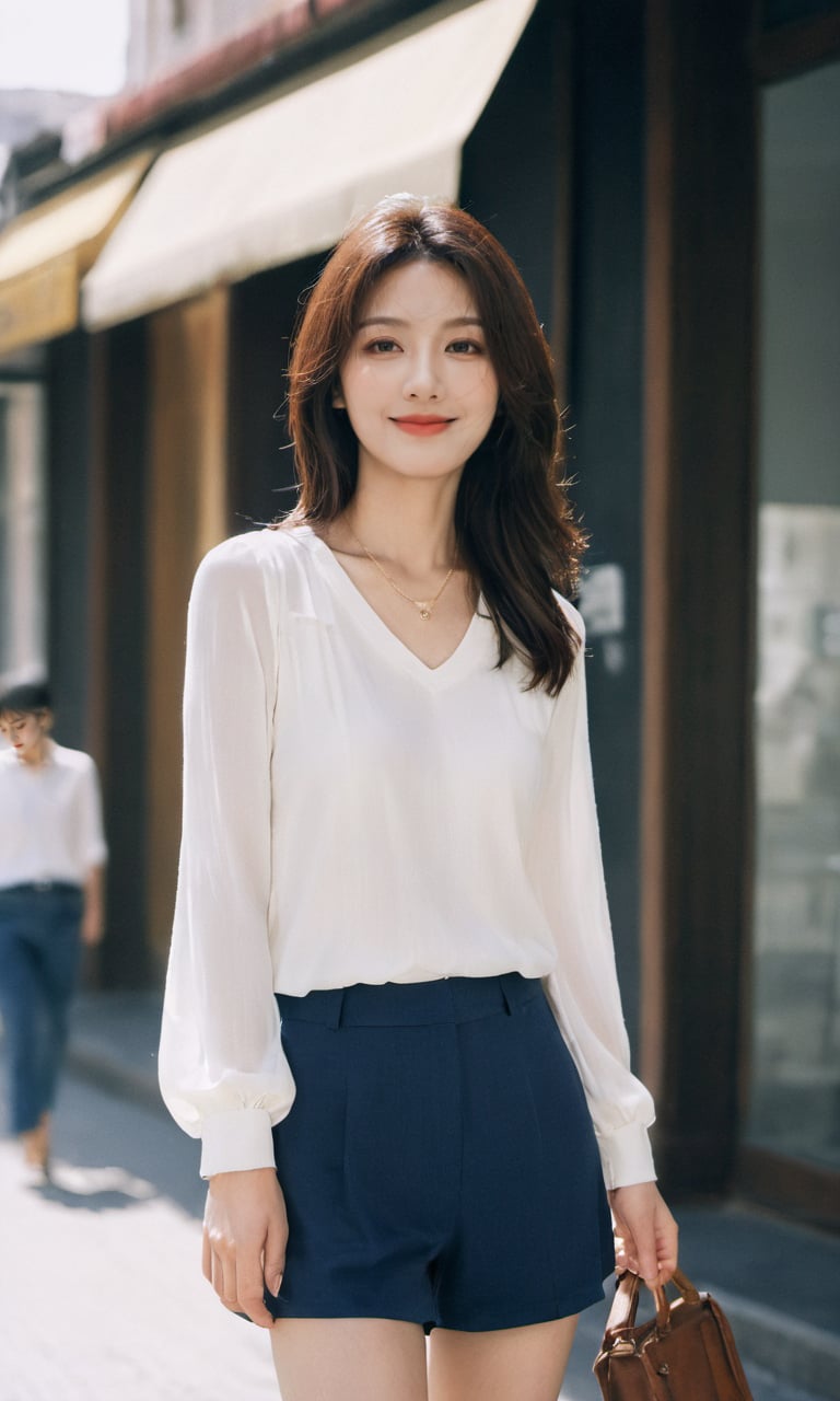 Pure White E-commerce Studio,xxmixgirl, a mysterious woman,smiling,without shadow,her upper body above the knees the focal point,She exudes confidence in a street-casual outfit