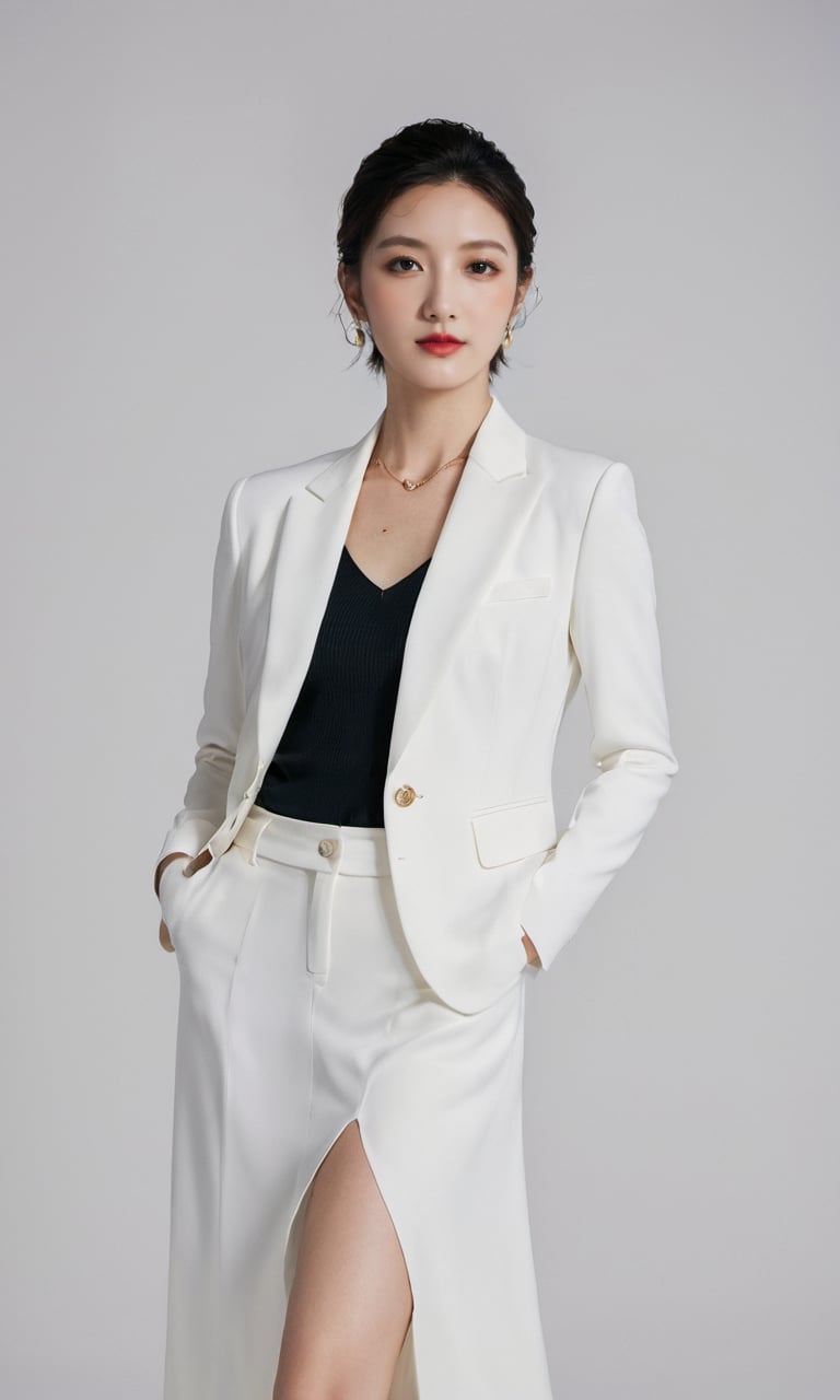 Pure White E-commerce Studio,xxmixgirl, a mysterious woman,smiling,without shadow,her upper body above the knees the focal point,She exudes confidence in a luxury outfit