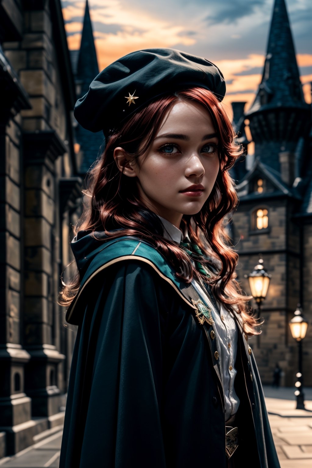 (best quality, 8k, 32K UHD, highres, masterpiece:1.2), ultra-detailed, hyper-realistic, 1girl, a pretty girl standing in front of Hogwarts castle, Hogwarts castle at the background, no hat on her head, surreal, beauty, stars and glitter, deep shadows, colorful, soothing, soft lighting, unique, one of a kind, soft lighting, middle red hair, brown eyes, black Hogwarts Slytherin uniform, withouthat, Slytherin faculty, dark, black tones, photo realistic, dynamic lighting, artstation, poster, cinematic lighting, very detailed faces, 4k, 1girl, slight smile, deep shadow, low key, insane details, perfecteyes, High detailed, perfect, realhands,glitter,insane details,realhands,shiny,