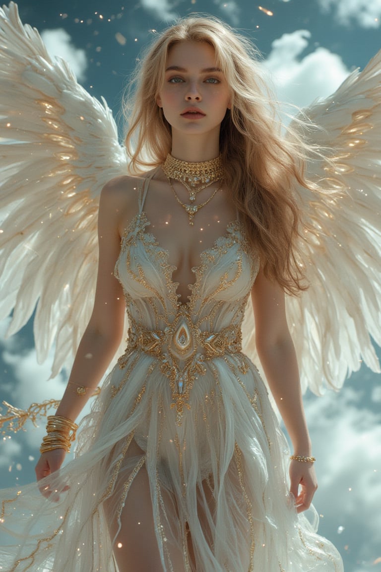 full body shot, young angel woman with yellow detailed eyes and long hair in gold jewelry, big white wings, light painting, futuristic digital, realistic sci-fi, lights, gold detailed dress, gold lashes, diamond, ethereal, misty, holographic, sky with white clouds on background,glitter,Midjourney_Whisper