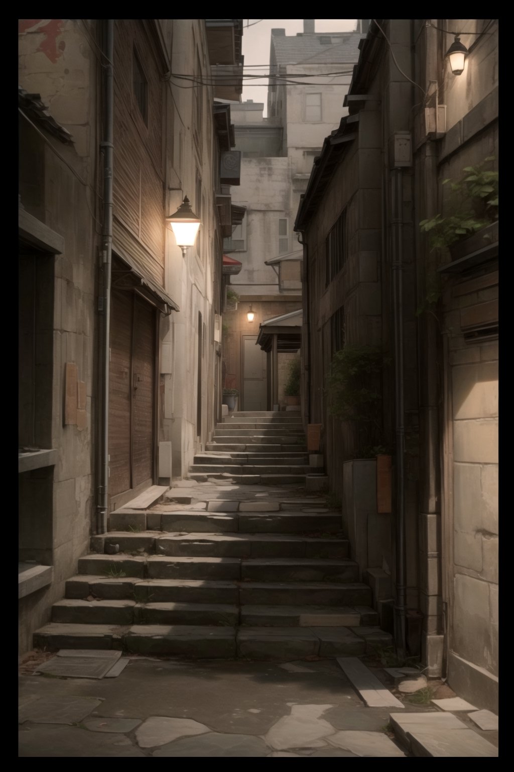 {masterpiece}}}, {{{best quality}}}, {{{ultra-detailed}}}, {cinematic lighting}, {illustration}, No person, an alley