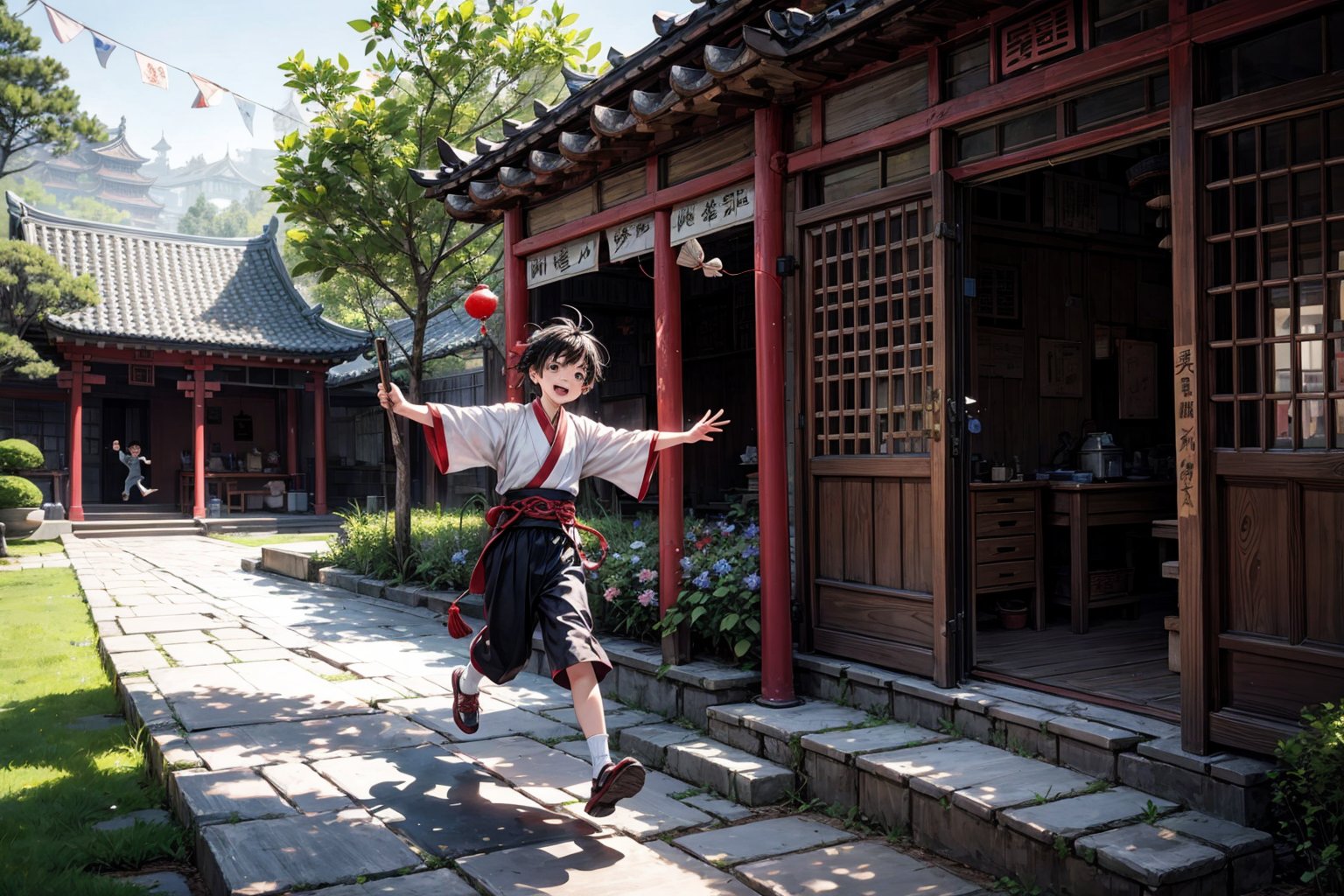 Chinese style, A young boy dressed in traditional Chinese Hanfu, playing joyfully in a garden or courtyard. He is running around with a playful smile, perhaps holding a wooden toy or a kite. The background features elements of traditional Chinese architecture, such as wooden beams, stone paths, or blossoming trees. The scene is lively and full of energy, with the boy's Hanfu flowing as he moves, capturing a sense of innocence and fun.